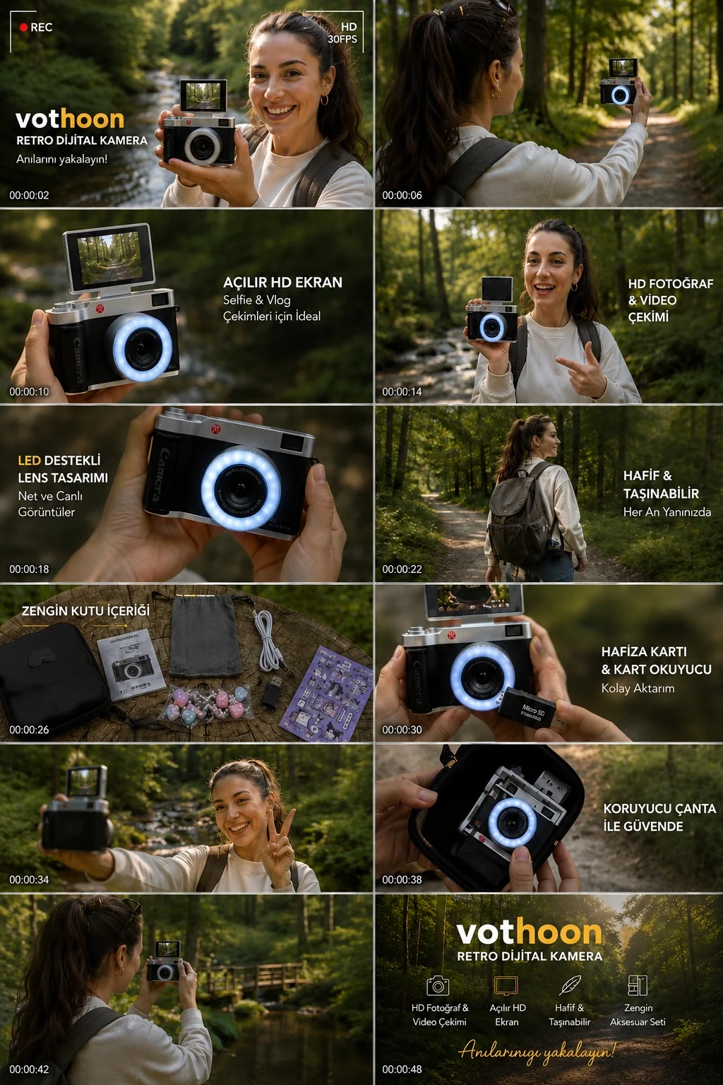 4K Çantalı Dijital Retro Video Kamera 48MP 16X Zoom Işıklı (32GB) Kart Dijital Fotoğraf Makinesi Mavi görsel 3