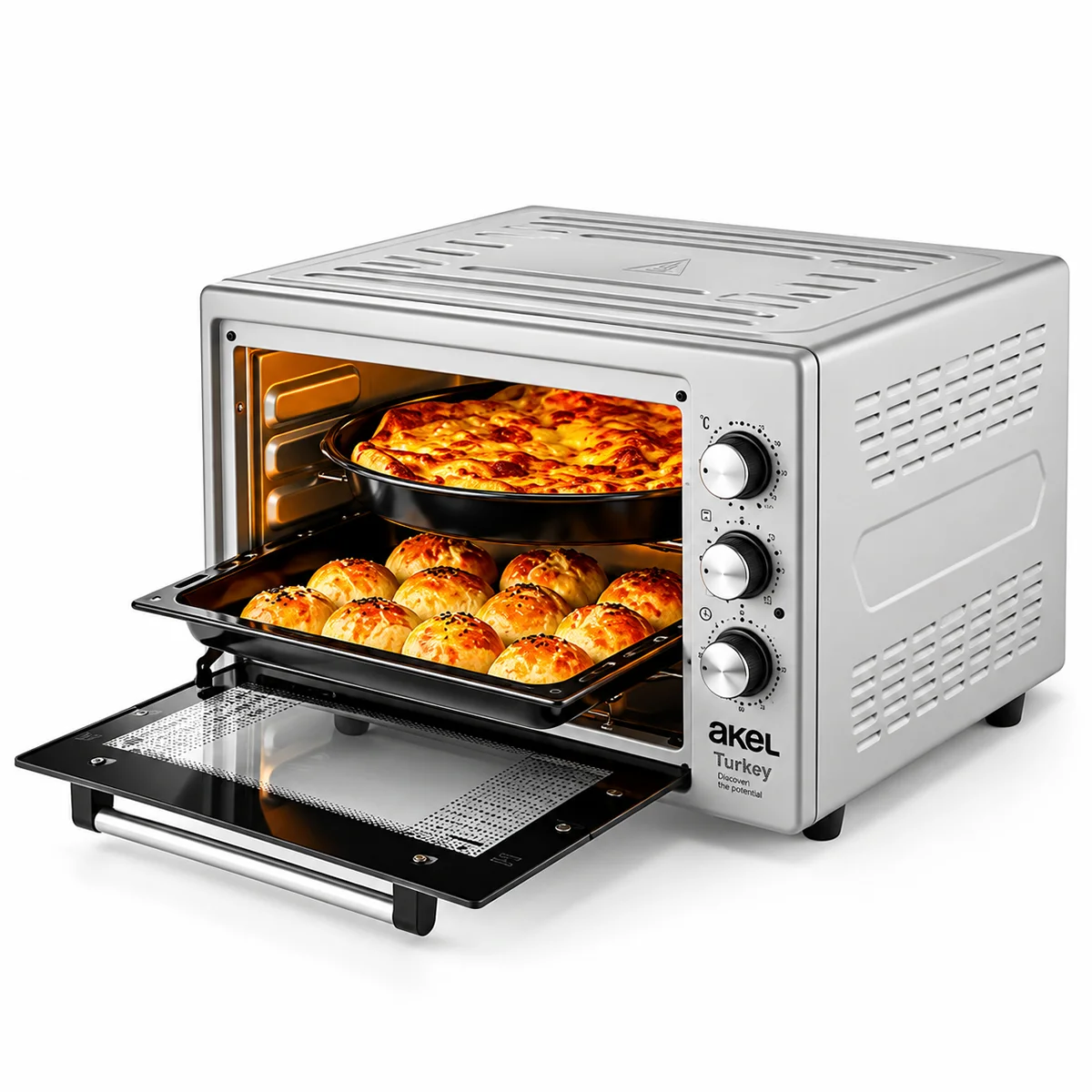 Akel AF-280 ( Saatli) Kare Midi Fırın ( 1200W & 32LT Hacim) ( 3 Kademeli Güç) ( Ayarlanabilir Termostat)