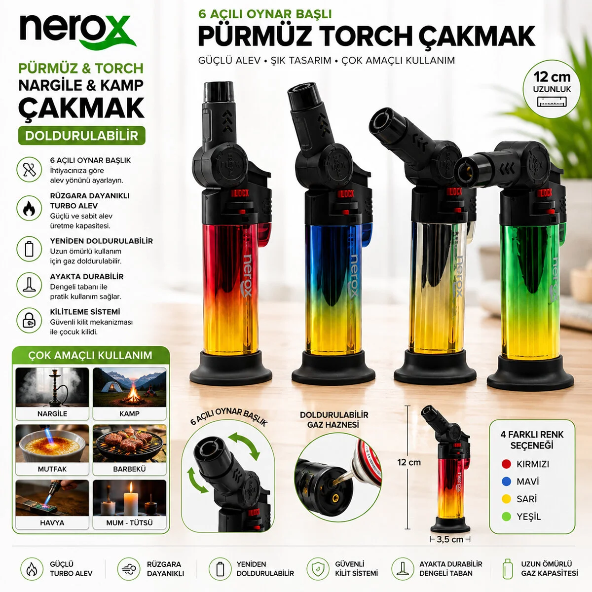 12 Adet Metalize Oynar Başlı Pürmüz - Torch Nargile - Kamp Çakmak Doldurulabilir Ayakda Durabilir NRX-9305 görsel 2