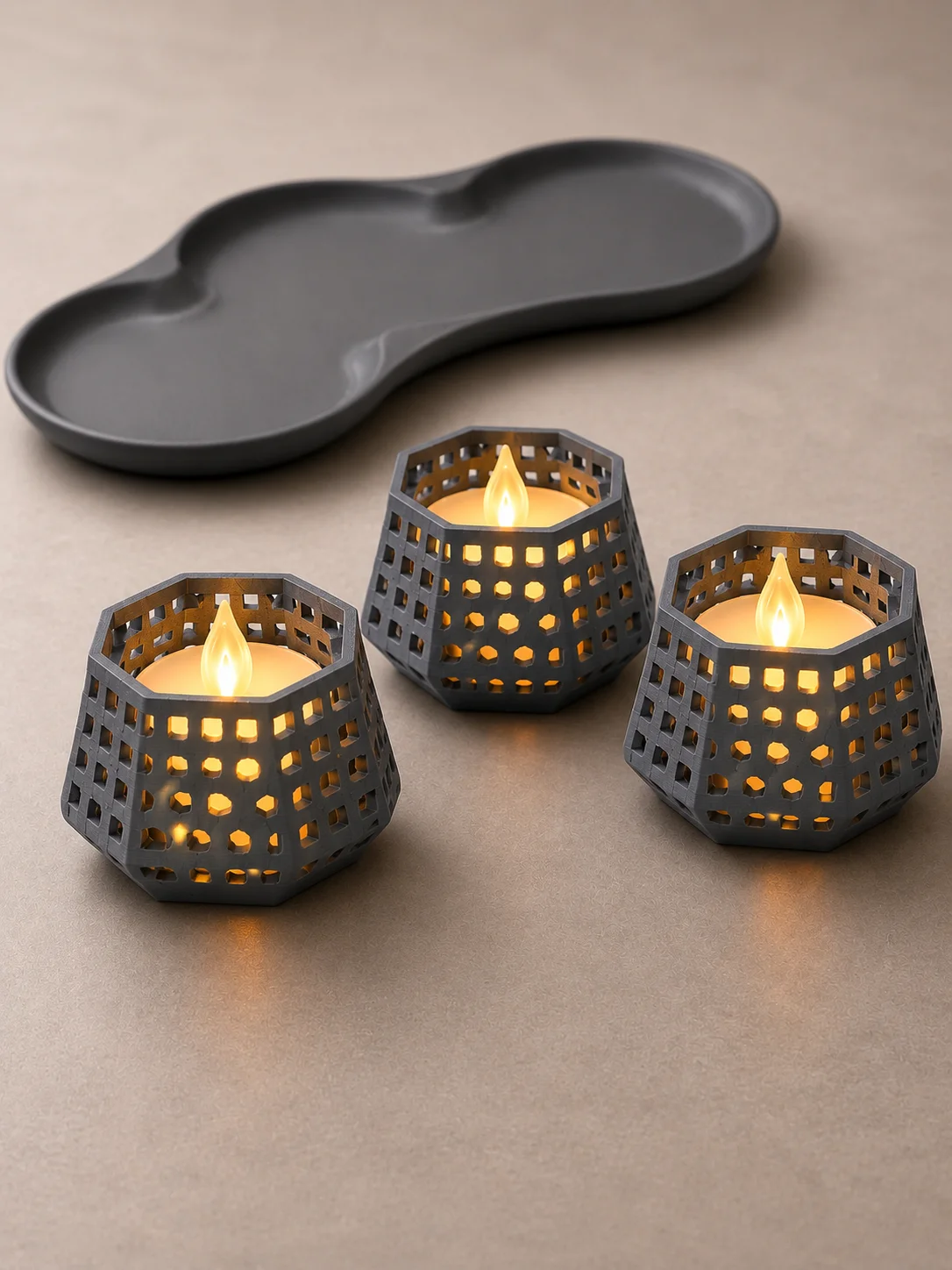 3D Baskı Dekoratif Mumluk Seti - Desenli Tealight ve Masaüstü Aydınlatma Objesi-Gri görsel 2