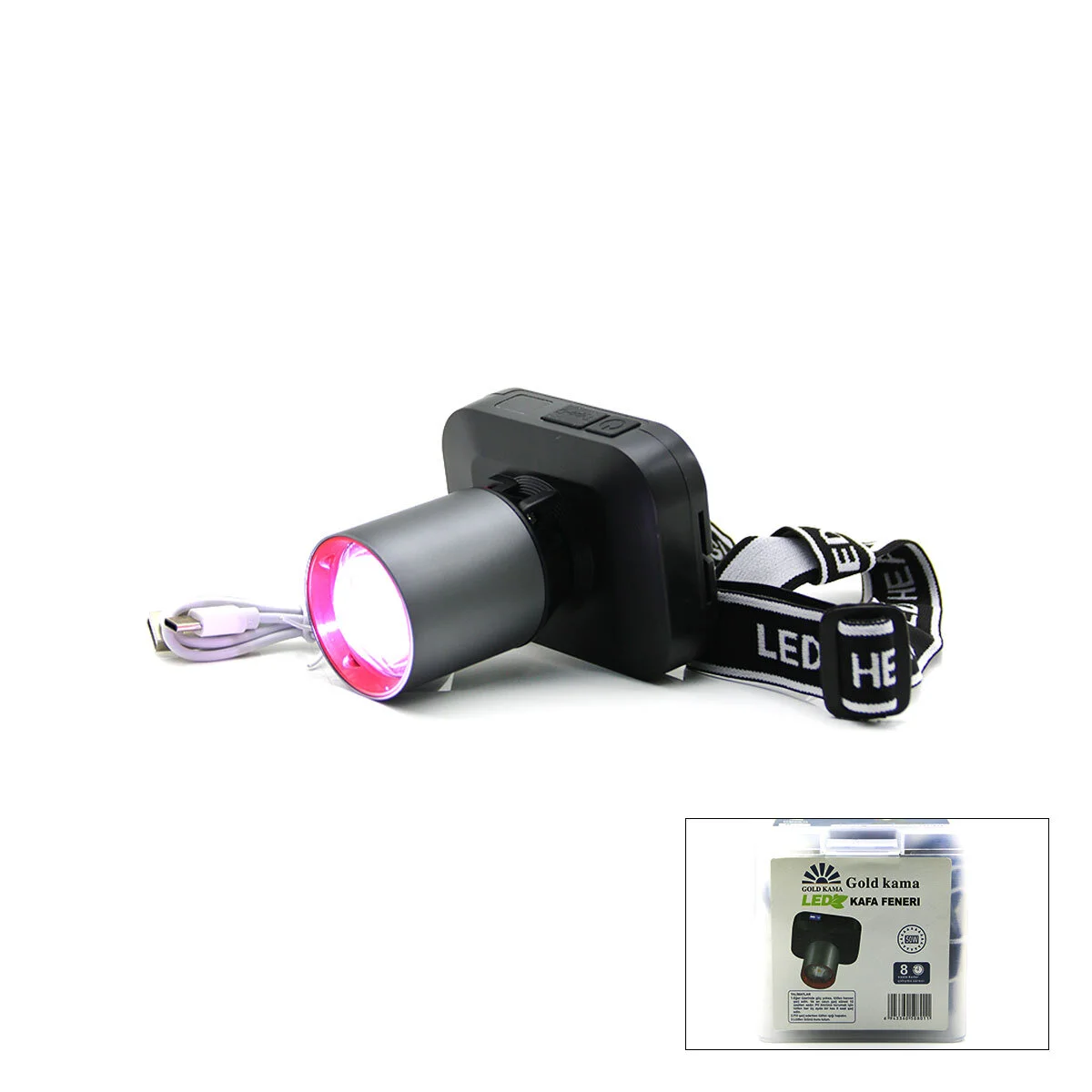 Şarjlı 50W Kafa Lambası Fener 1 Led Usb - Type-c Dijital Kademe Işık Ayarı - Flaşör