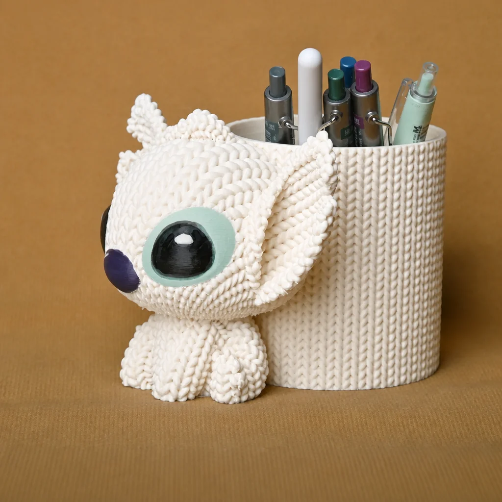 3D Baskı Knitted Kalemlik - Sevimli Karakterli Masaüstü Kalem Organizeri-Beyaz görsel 3