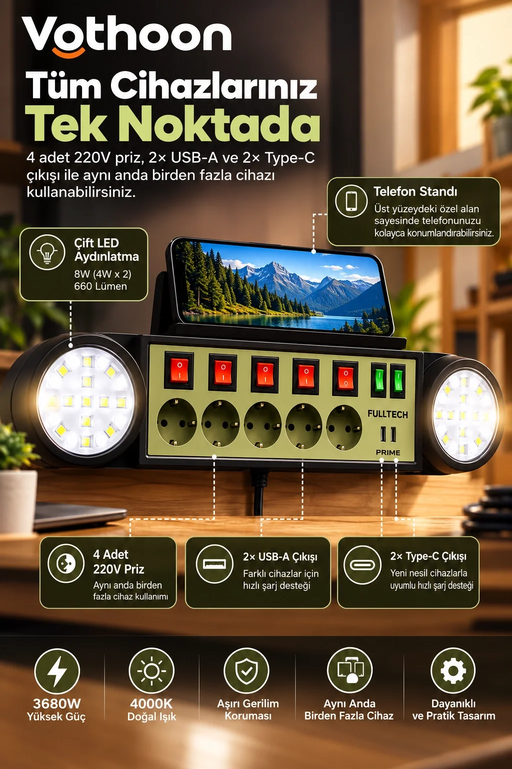 Akıllı Masaüstü Duvar Tipi Akım Korumalı 5’li Priz 3680W LED Işıklı USB-A Type-C Telefon Standlı görsel 4