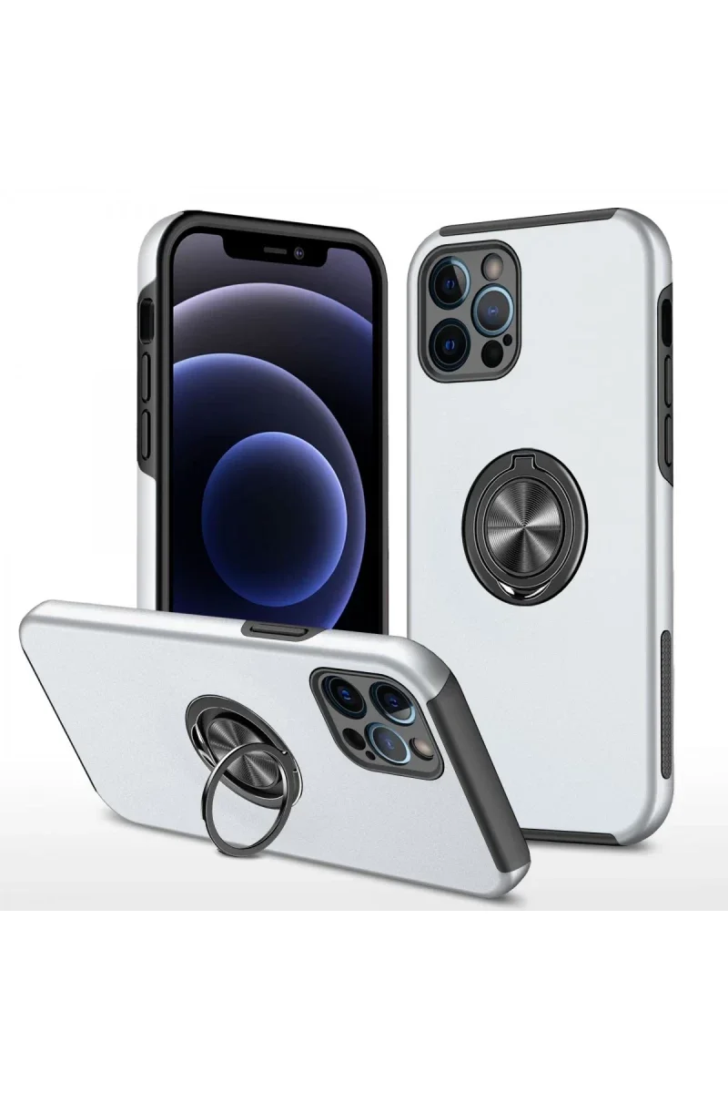 Apple iPhone 12 Pro Kılıf Elit Yüzüklü Kapak - Gümüş