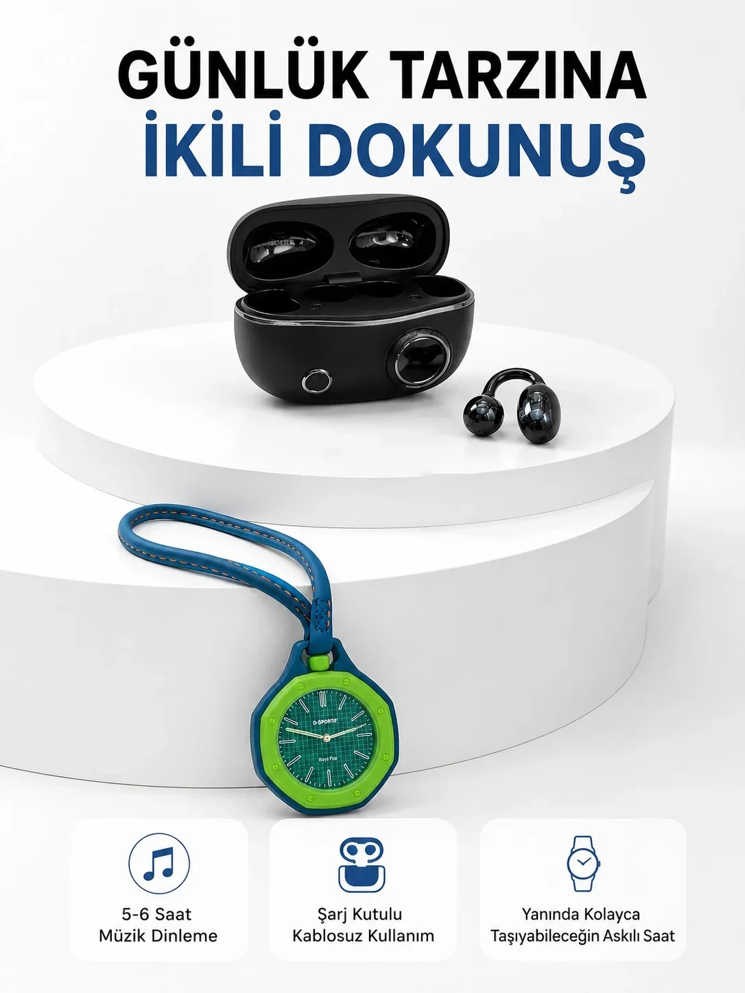 Şarj Kutulu Kablosuz Kulaklık ve Yeşil Askılı og Çanta Saati Avantajlı İkili Set