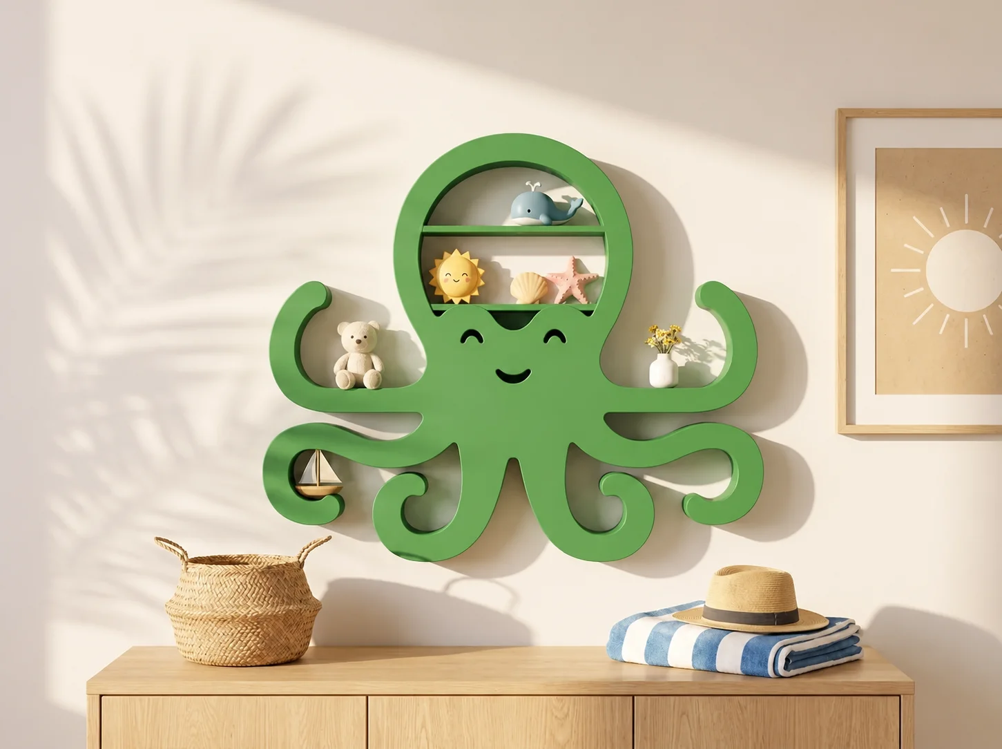 3D Baskı Ahtapot Duvar Rafı - Dekoratif Mini Raf-Yeşil