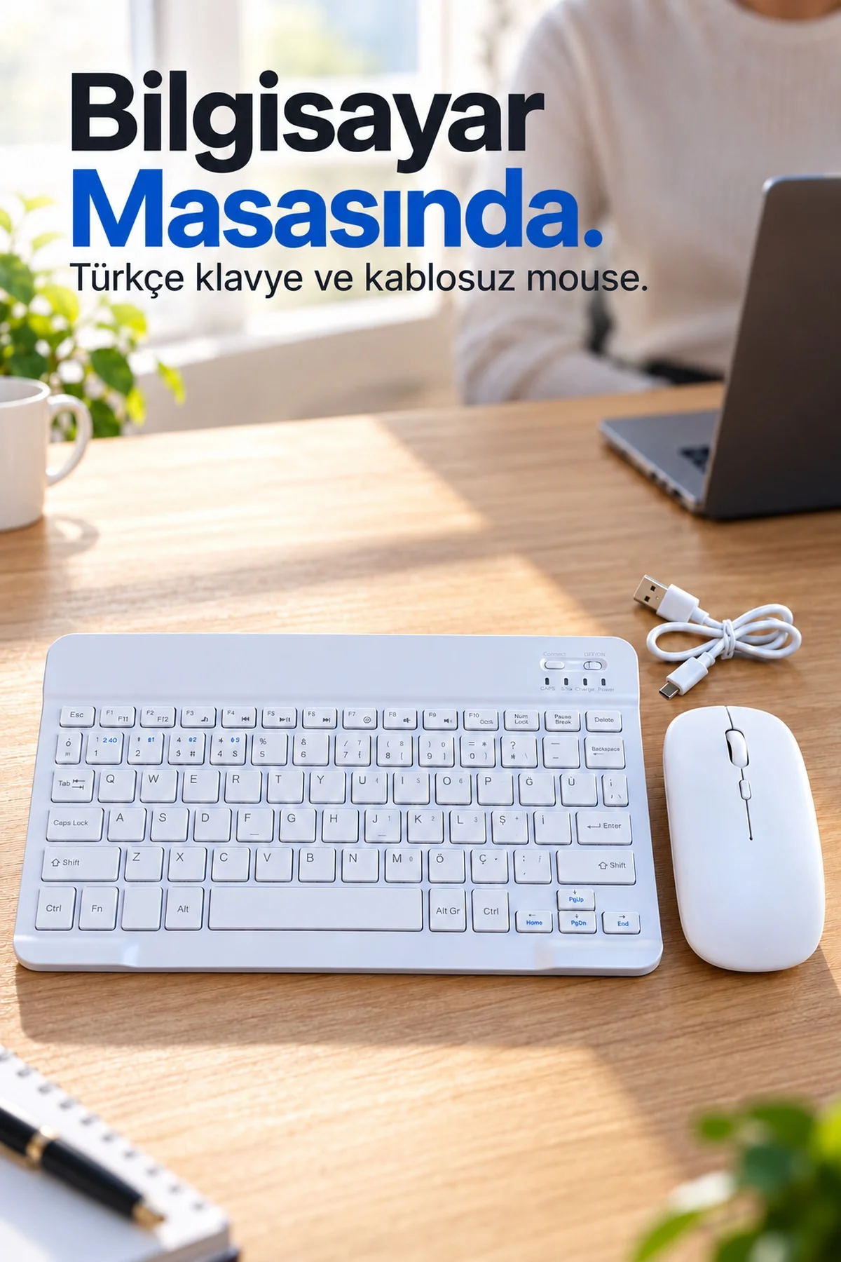Bluetooth Klavye Mouse Seti Türkçe Tuş Dizilimli Beyaz görsel 2