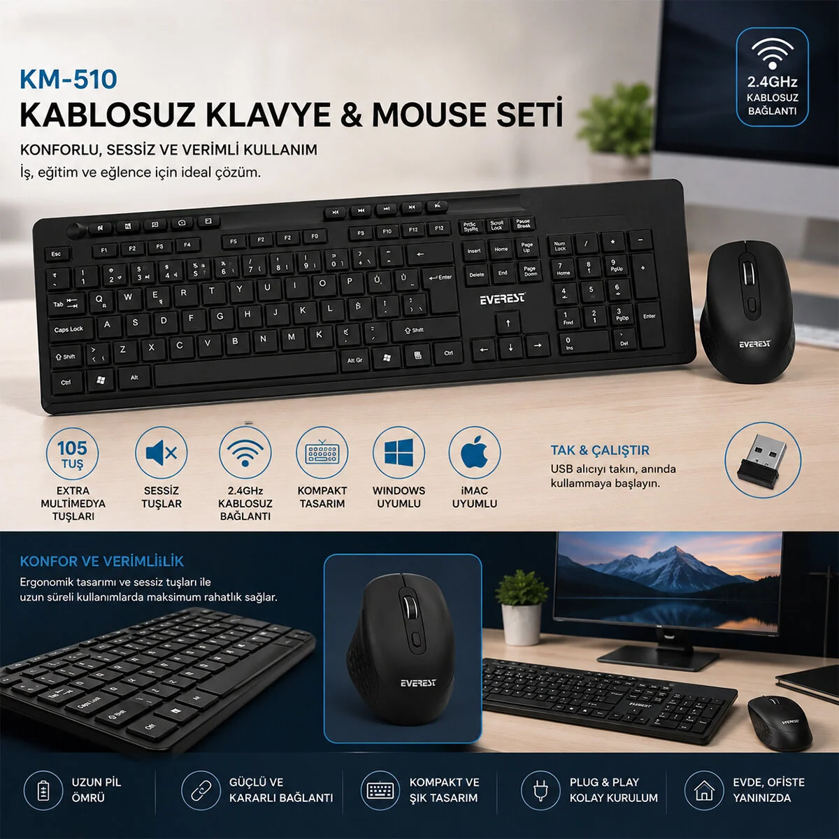 Kablosuz Multimedia Klavye - Mouse Seti Siyah Q Klavye KM-510 görsel 2