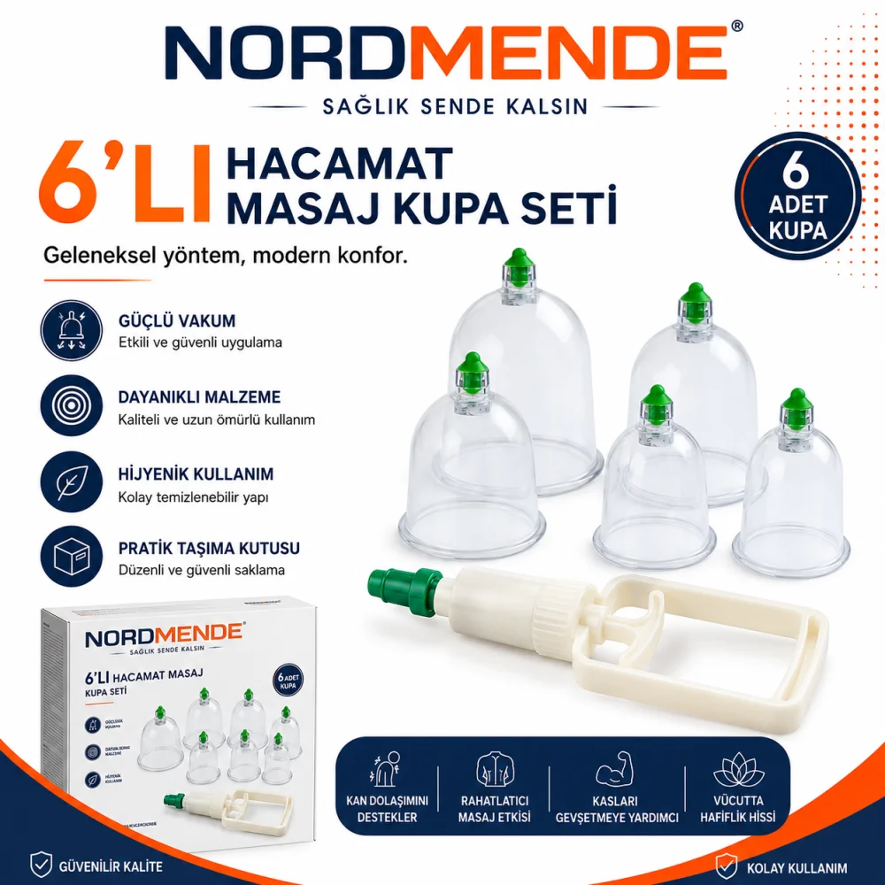 NORDMENDE Hacamat Masaj Kupası 6'lı Set | Vakumlu Kupa Masaj Seti | Silikon Başlıklı Manuel Pompalı Masaj Kupaları. görsel 2