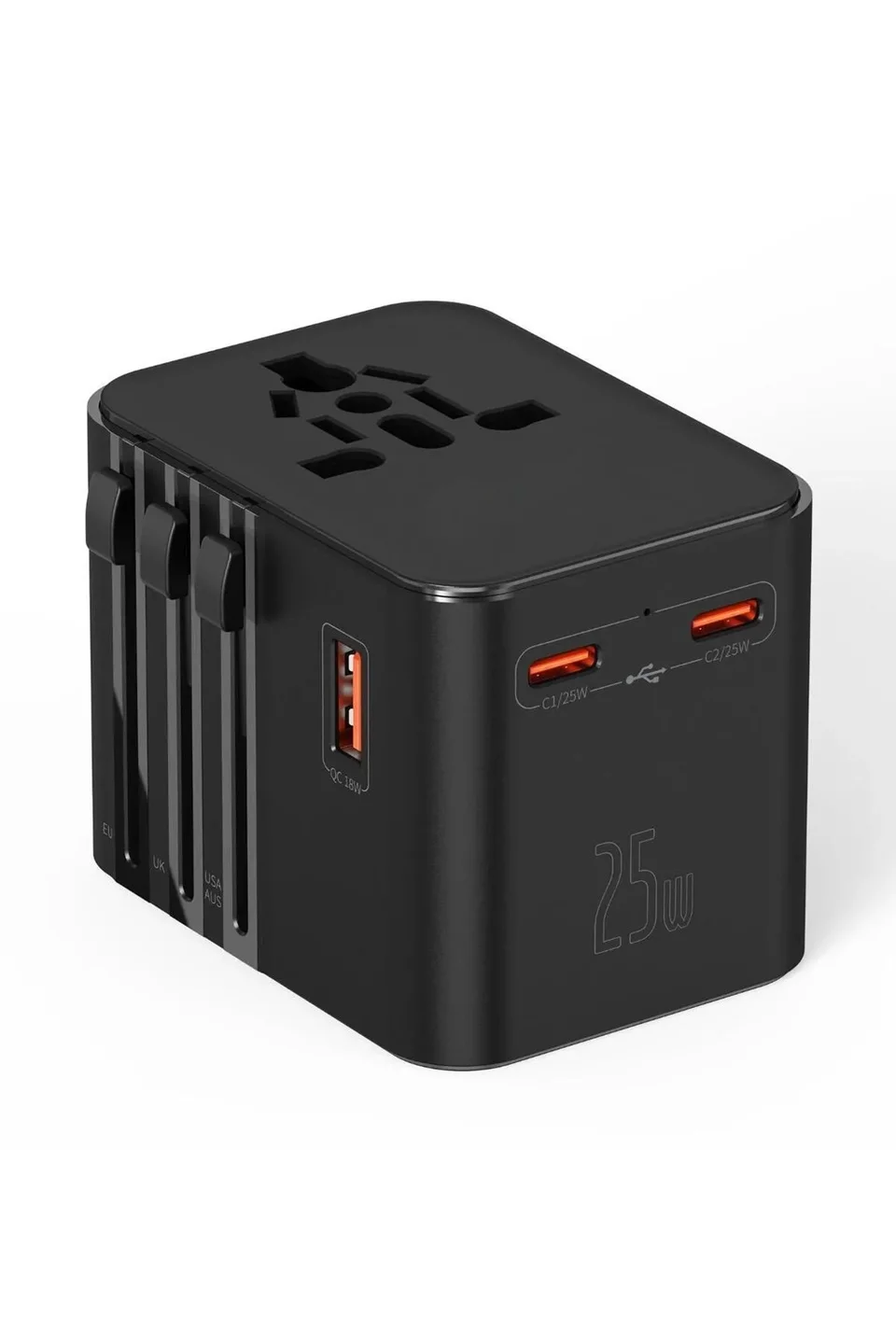 25W Evrensel Seyahat Adaptörü, EU/US/UK/AU Priz Dönüştürücü, 1x USB, 2x Type-C Hızlı Şarj