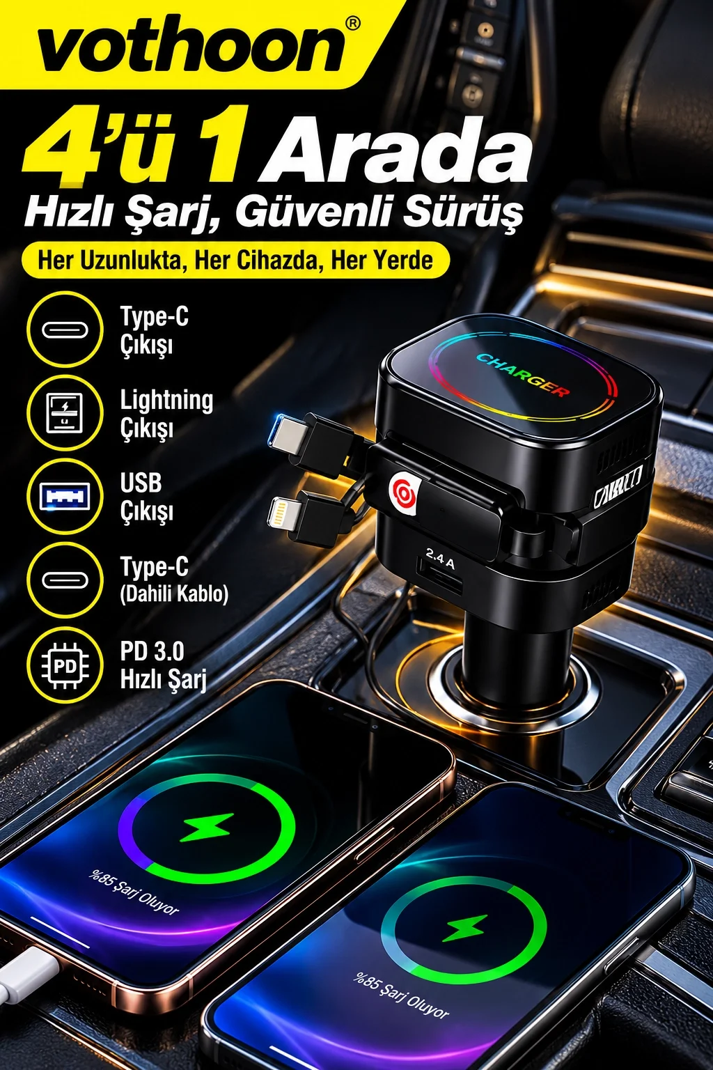 4’ü 1 Arada 66W Araç Şarj Cihazı Çift Kablolu Araç İçi Çakmaklık Hızlı Şarj Cam Kırma Çakmak Özellikli görsel 3