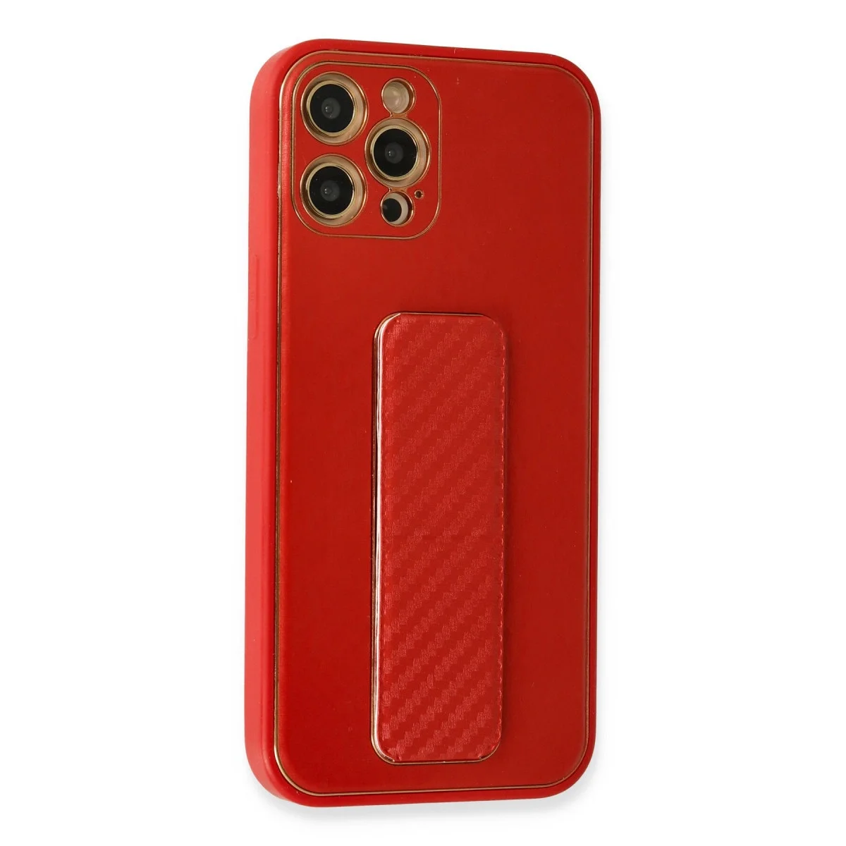 Apple İphone 12 Pro Kılıf Coco Karbon Standlı Kapak - Kırmızı görsel 2