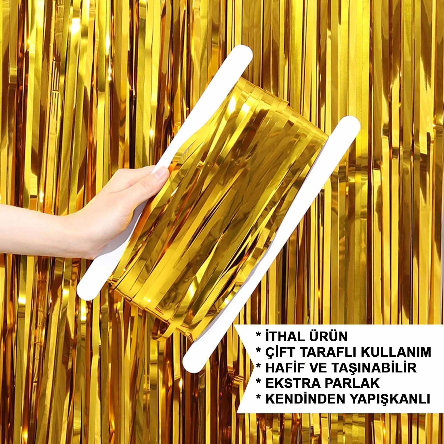 Altın Gold Renk Ekstra Metalize Parlak Saçaklı Arka Fon Perde İthal A Kalite 1x2 Metre görsel 5