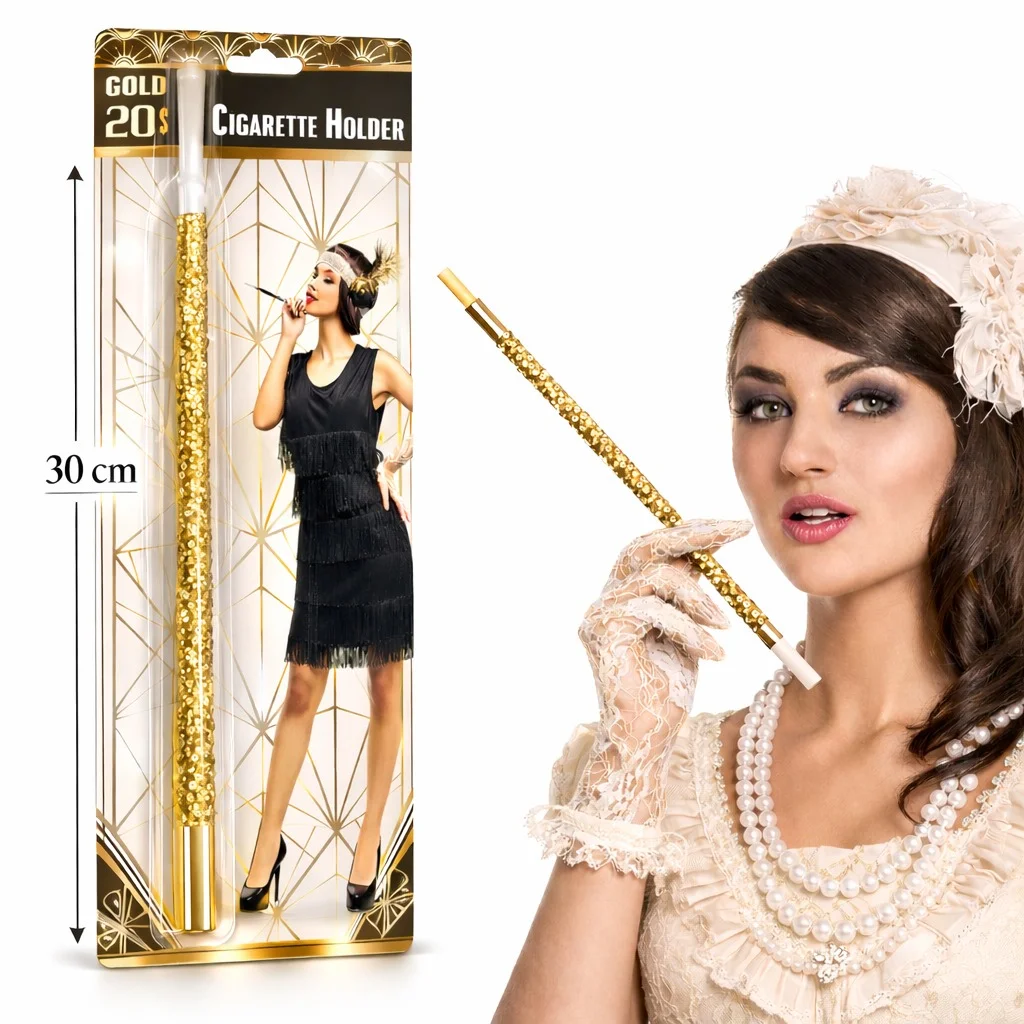 30 cm Altın Gold Payetli Sigara Tutacağı – 1920’ler Gatsby Parti Aksesuarı