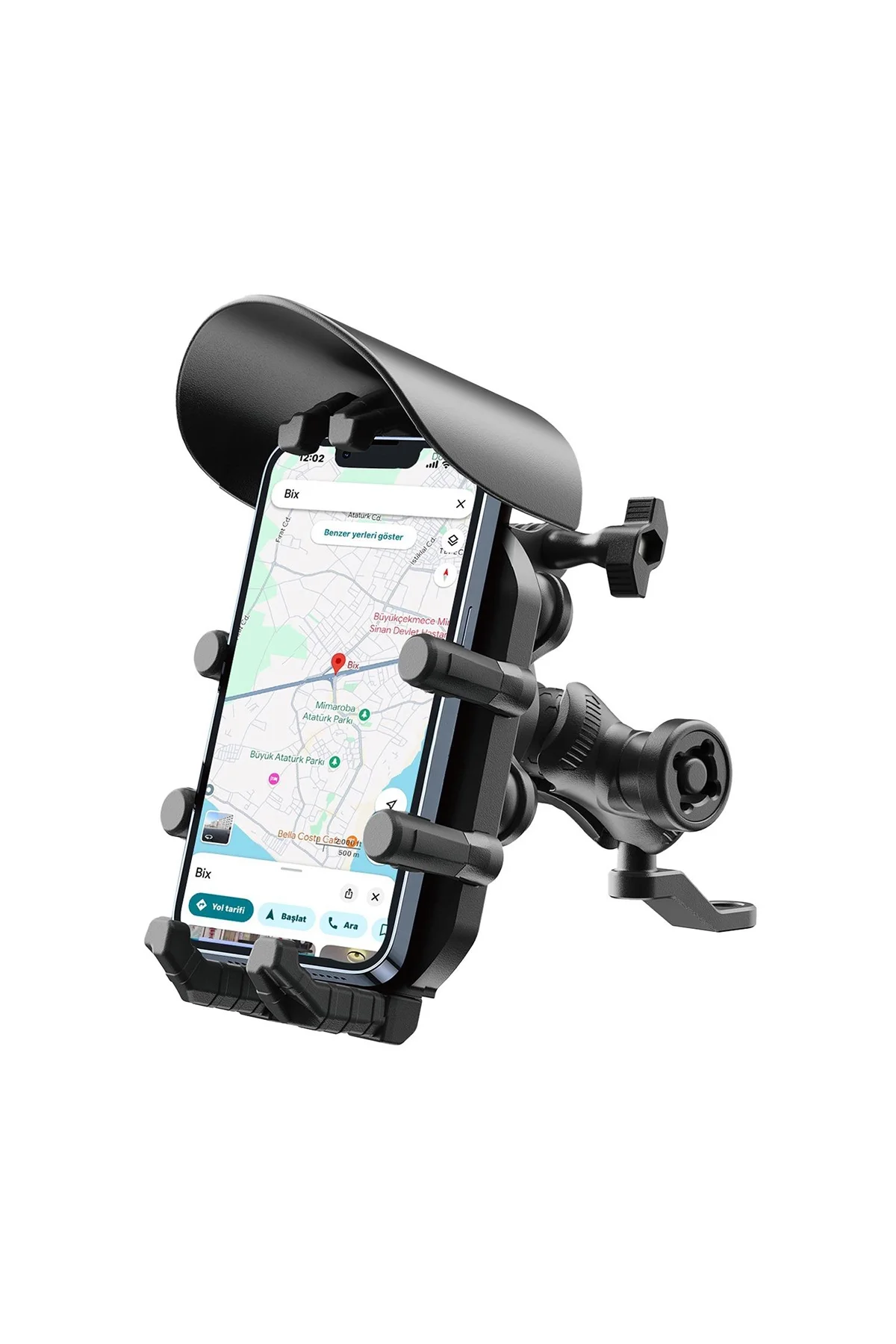 Ayna Bağlantılı Güneş ve Yağmur Korumalı 360° Derece Ayarlanabilir Motosiklet Telefon Tutucu