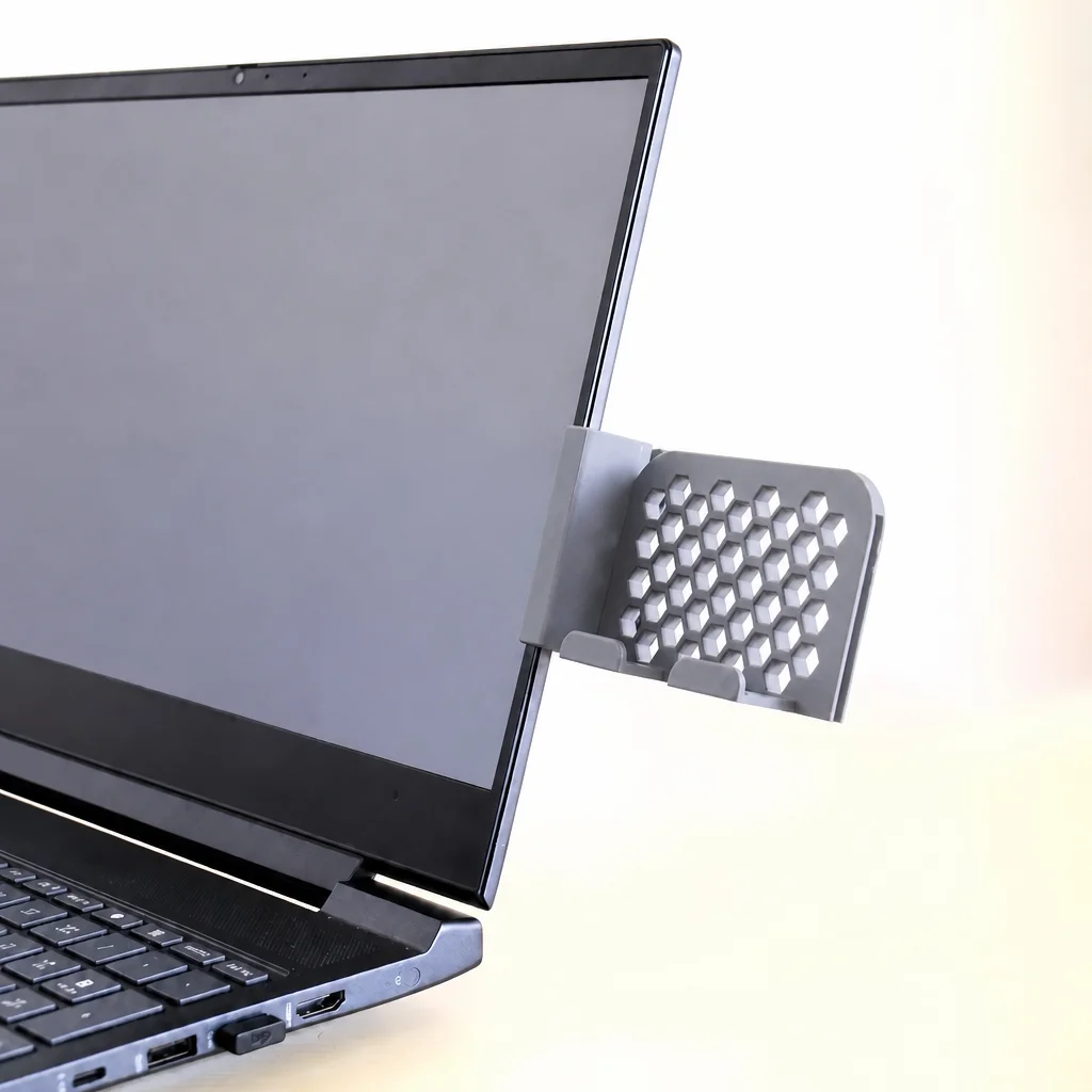 3D Baskı Monitor Telefon Tutucu - Petek Desenli Laptop Kenar Telefon Tutucu-Gri görsel 2