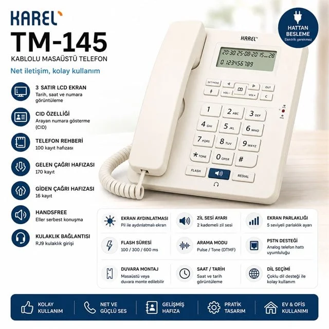 Karel TM-145 Kablolu Ekranlı Krem Masaüstü Telefon görsel 2