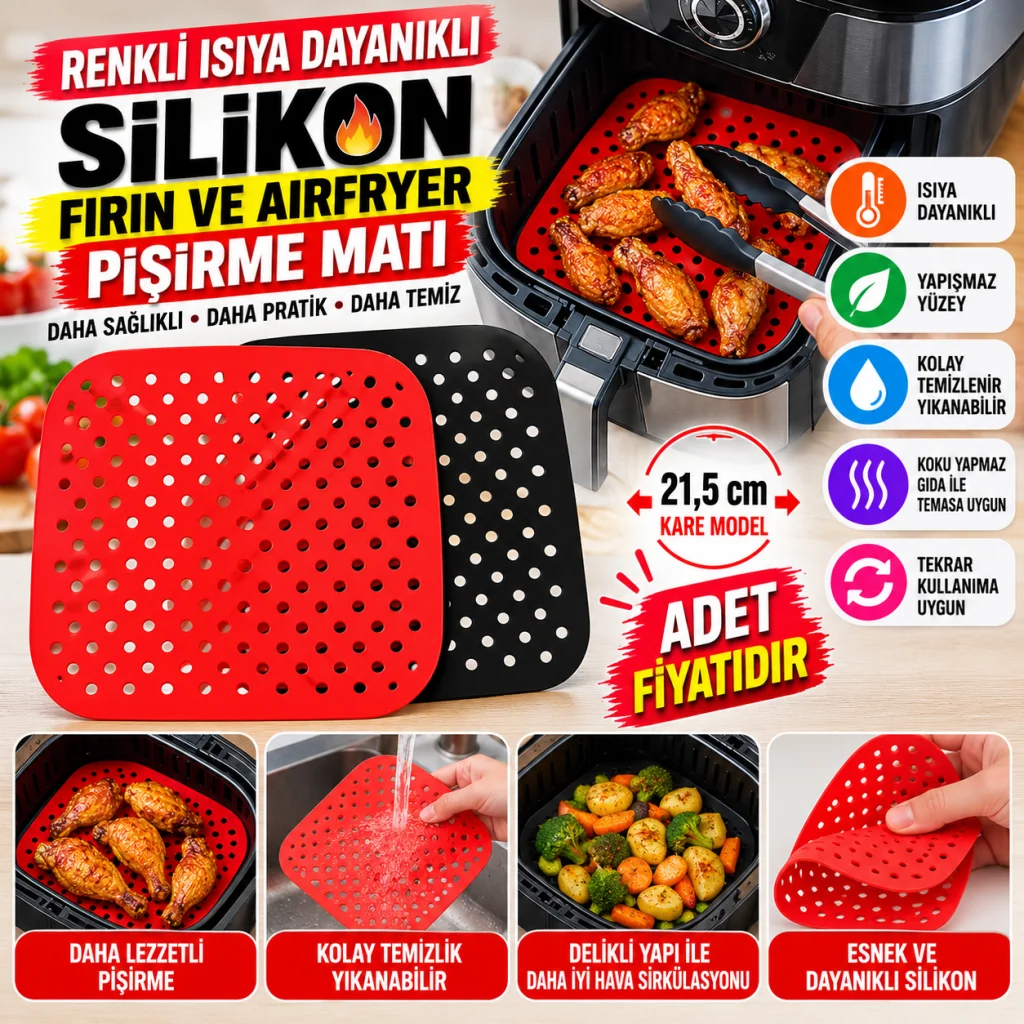 Renkli Isıya Dayanıklı Yıkanılabilir Silikon Fırın Ve Airfryer Kare Pişirme Matı 21,5 Cm (adet fiyatıdır)
