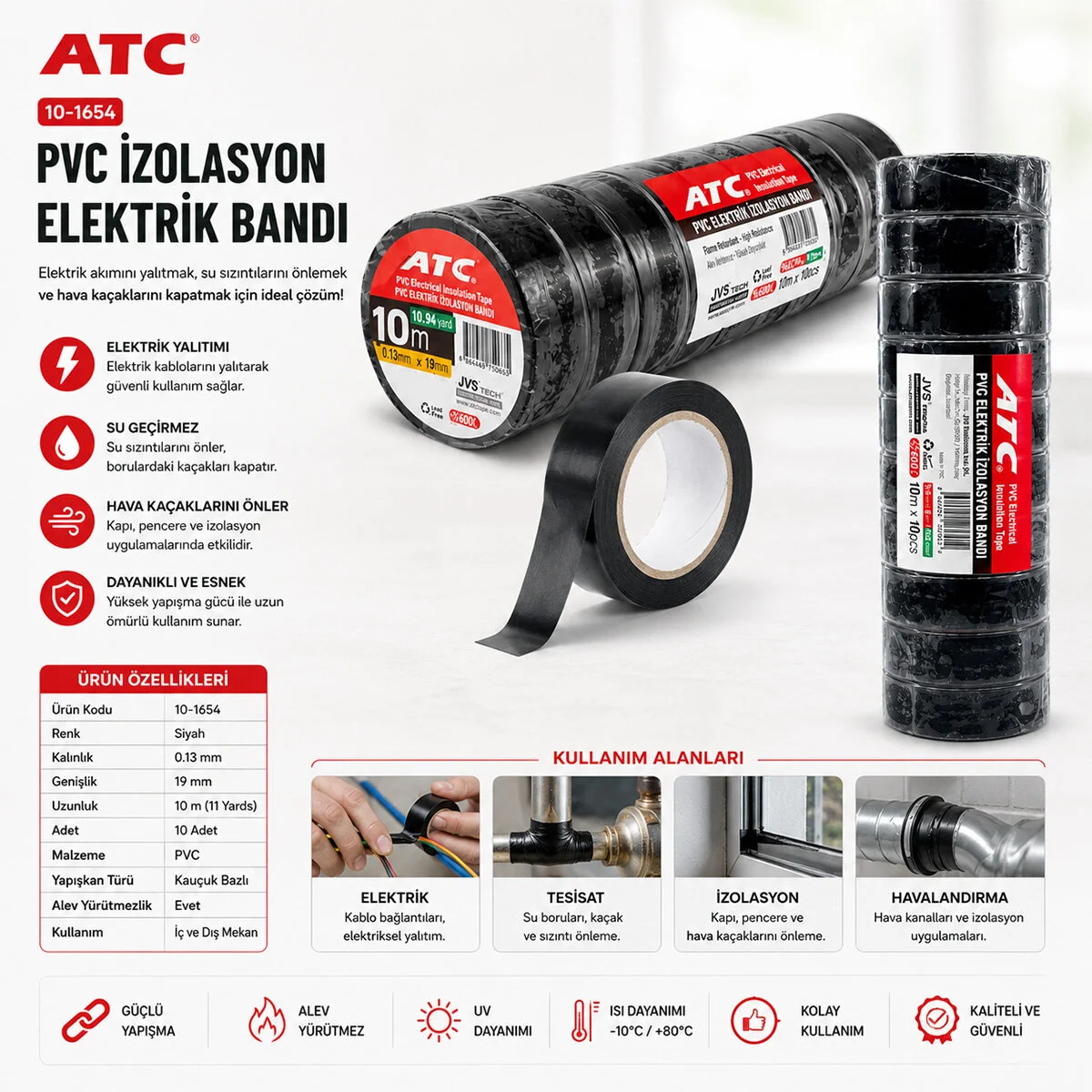10 Adet Lüx Siyah Pvc İzolasyon Elektrik Bandı 0.13X19X11YDS 10MM - 1 Paket Gönderilir - 1 Paket İçinde 10 Adet Bant Vardır görsel 2
