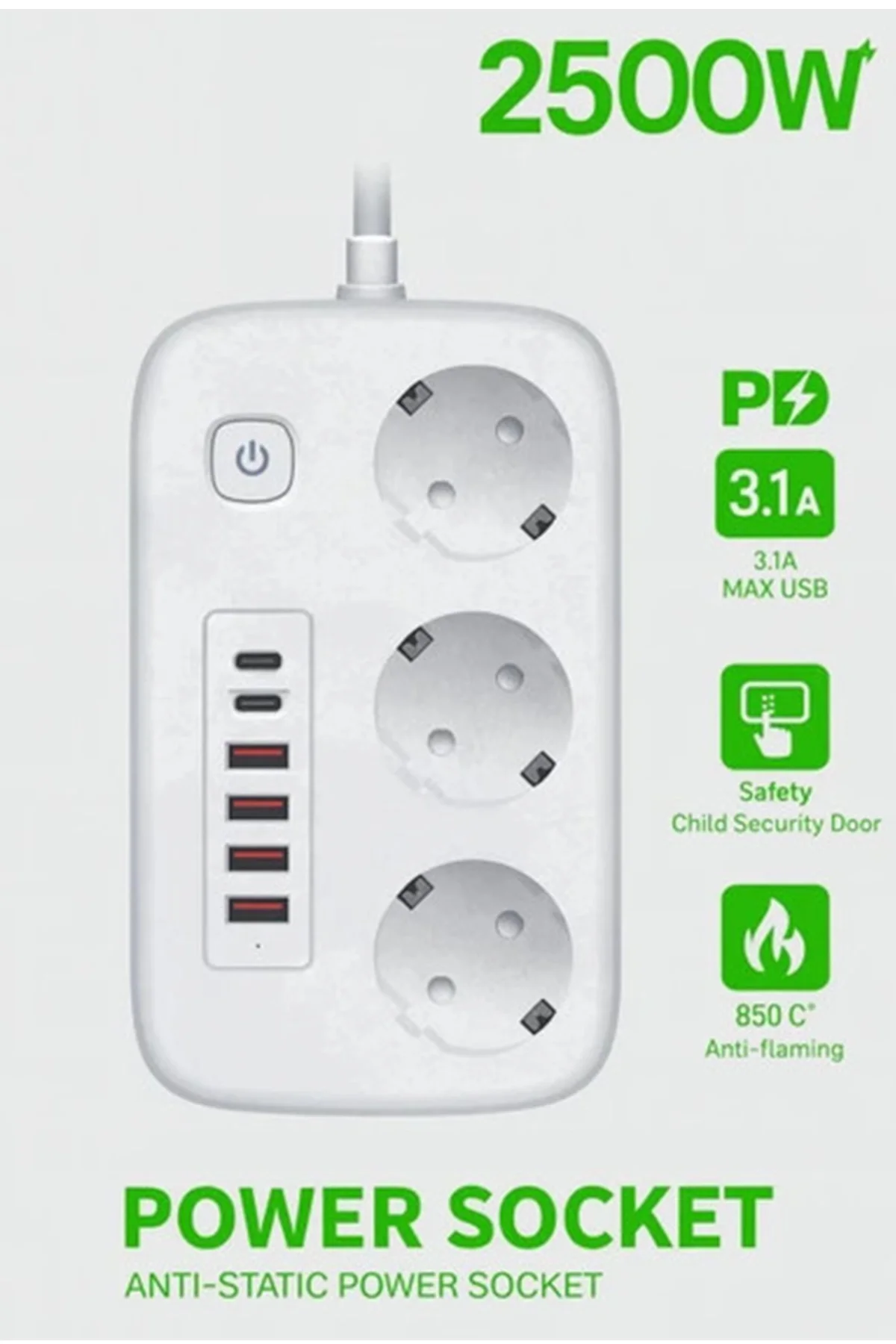 Akım Korumalı Priz ve Masaüstü Şarj İstasyonu Kablosuz 3 Priz,4 USB, 2 Type-C Girişli 2 Metre