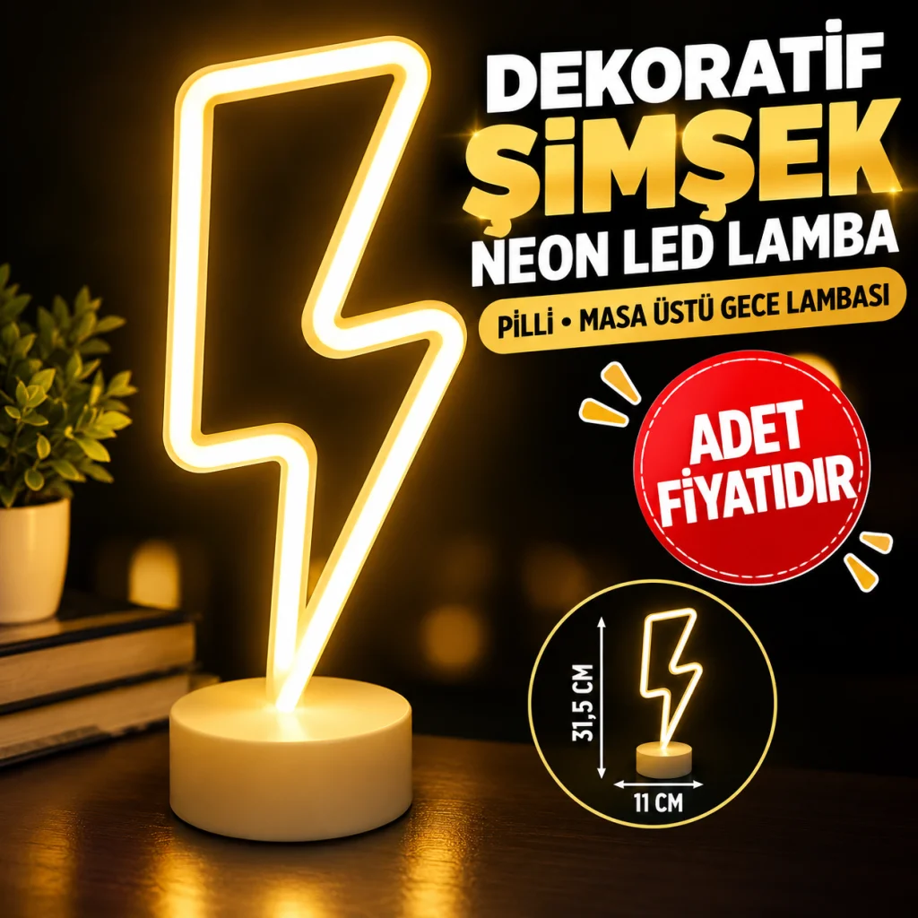 Dekoratif Şimşek Şeklinde Pilli Neon Led Lamba Süs Masa Lambası
