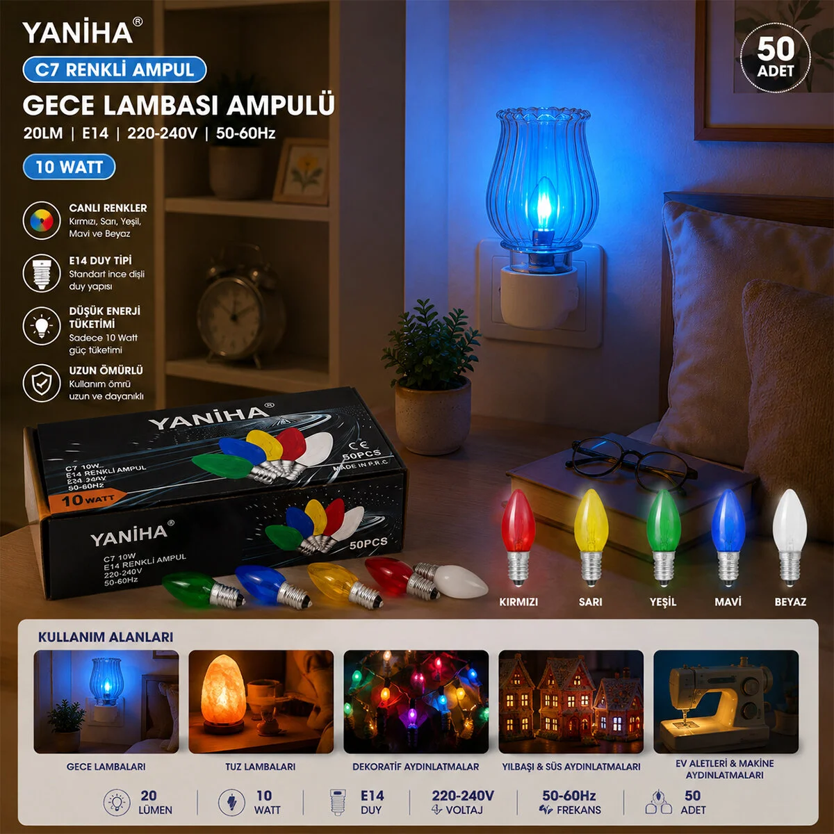 50 Adet x Renkli Gece Lambası Ampul E14 - 10W C7 görsel 3