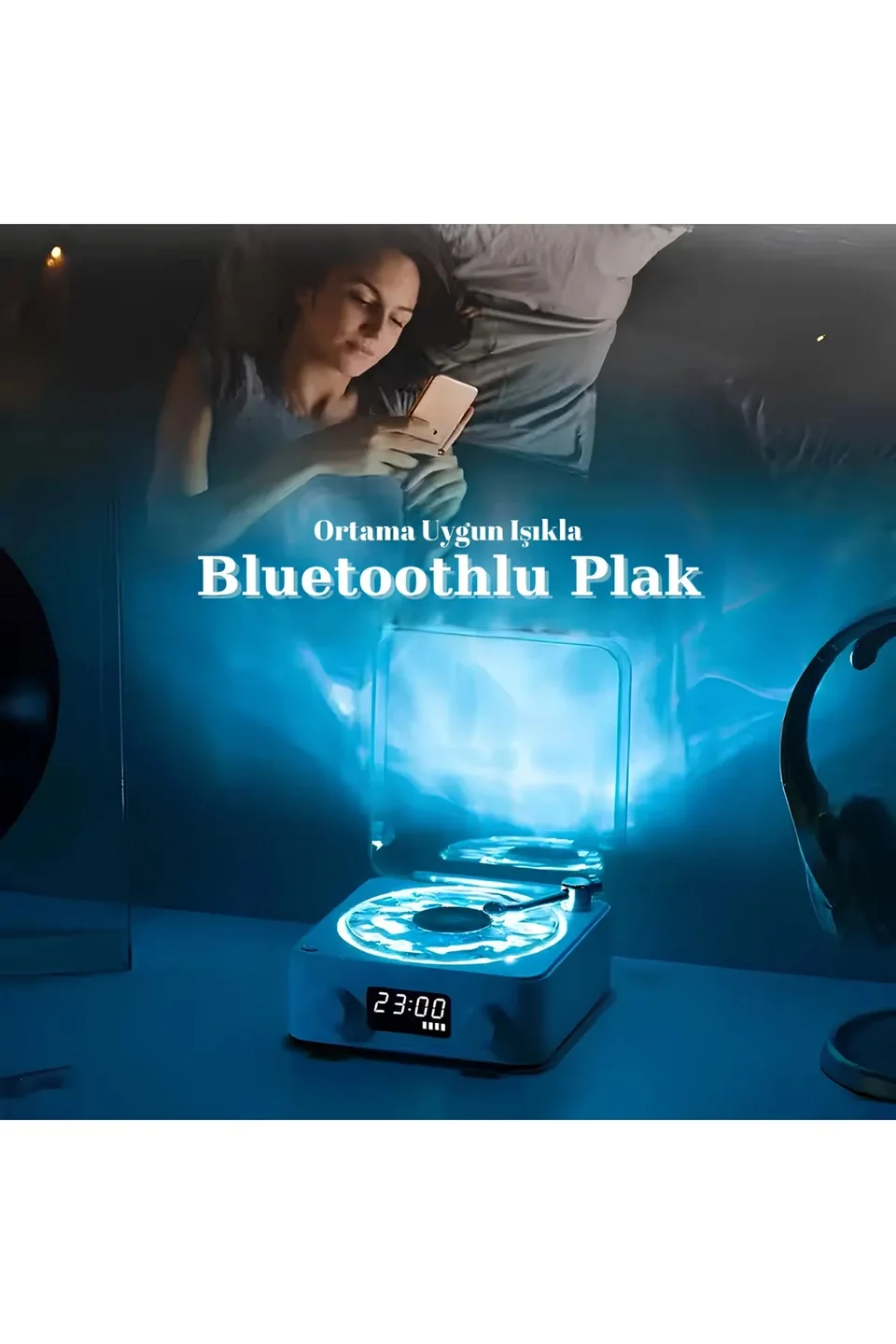 Waves Nostalji Plak Görünümlü Bluetooth Hoparlör 3D Ses Dalgası Retro Müzik Plak Mavi görsel 3