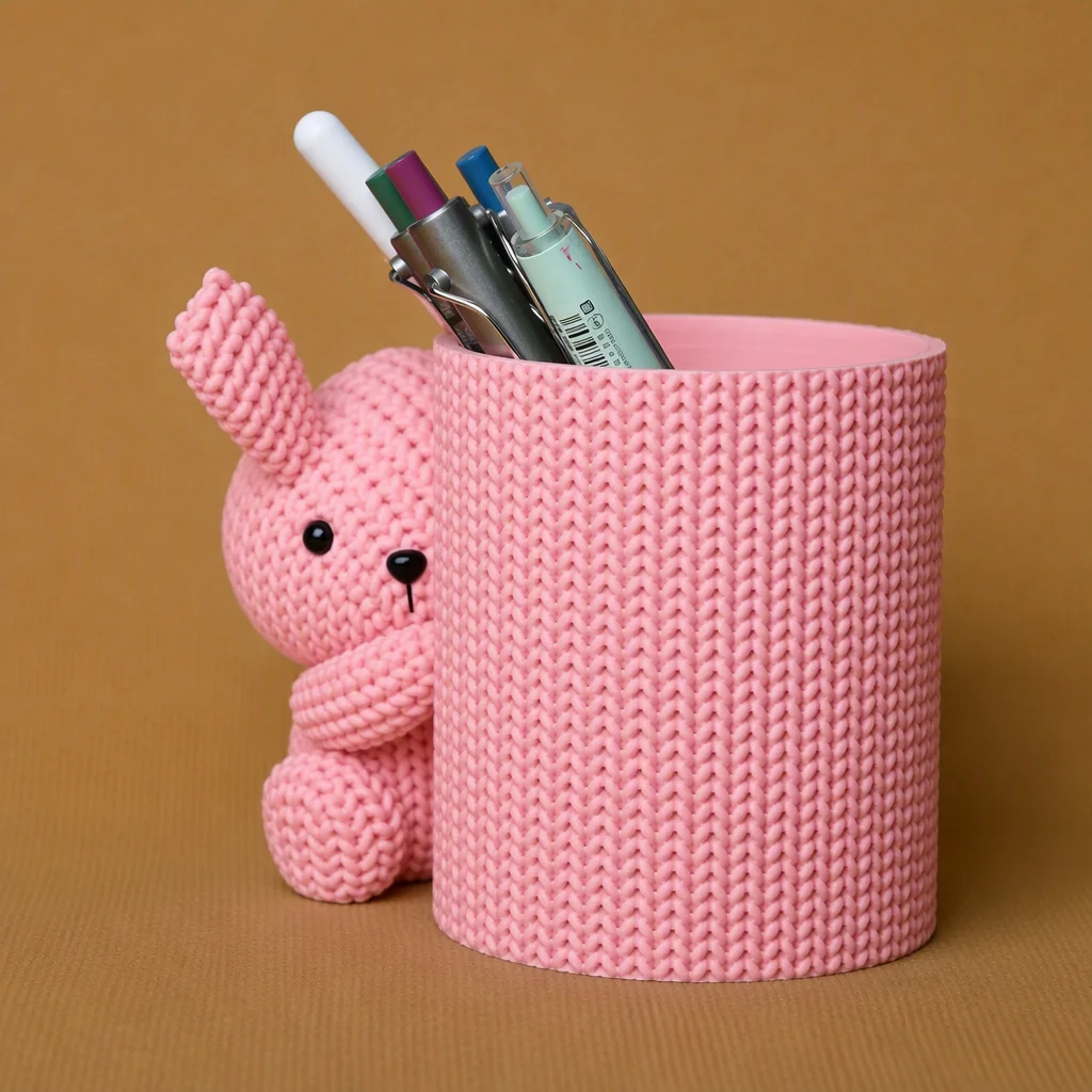 3D Baskı Knitted Kalemlik - Sevimli Karakterli Masaüstü Kalem Organizeri-Pembe görsel 2