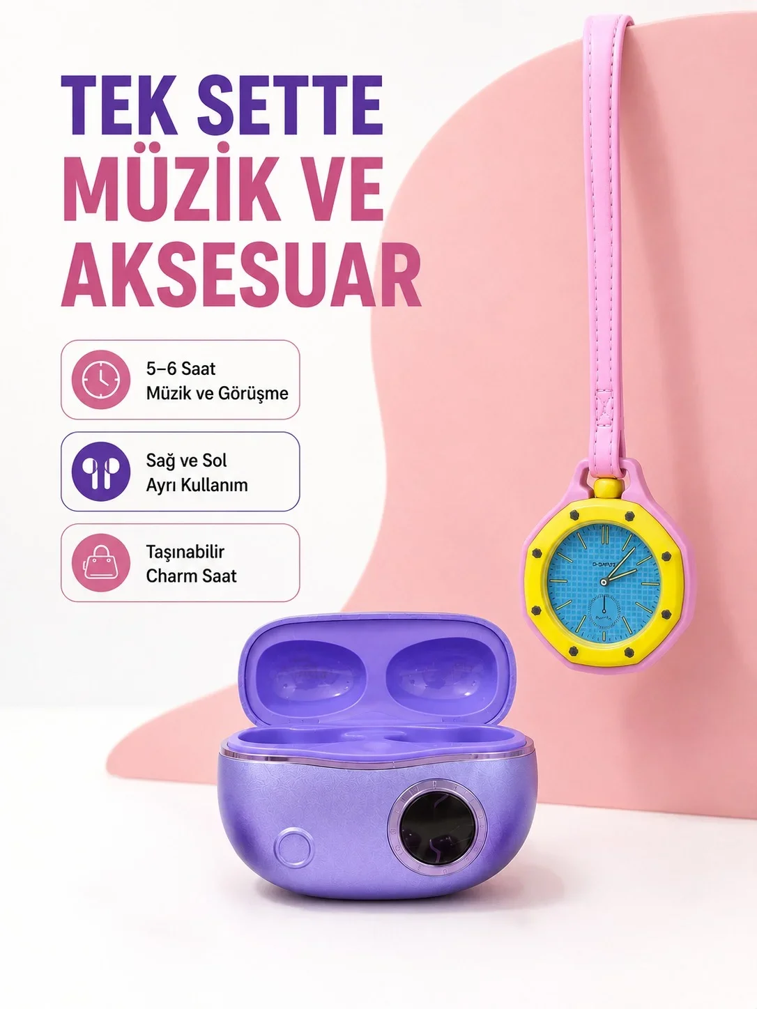 Kablosuz Kulaklık ve Pembe Çanta Charm Saat İkili Kampanya Seti Şarj Kutulu Taşınabilir Tasarım