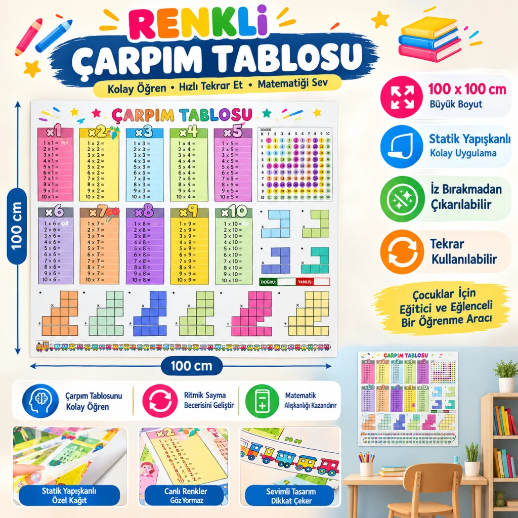 100x100cm Statik Kağıt Renkli Çarpım Tablosu