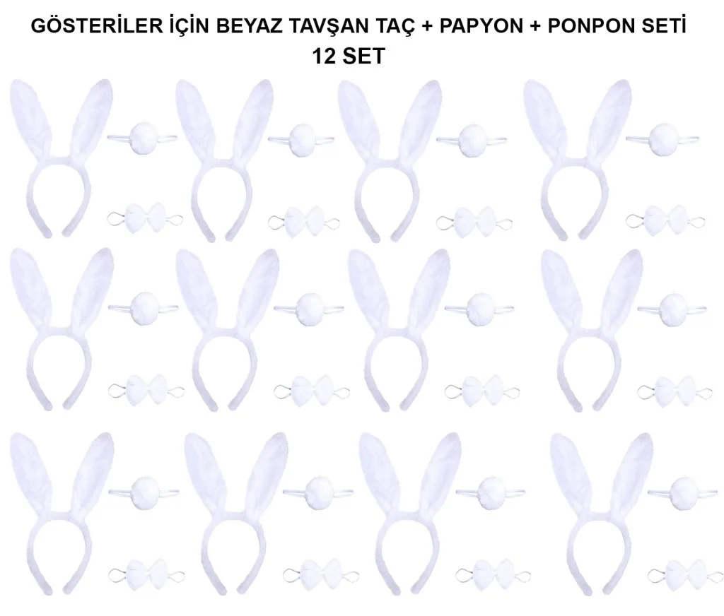 Beyaz Tavşan Kostüm Seti – Taç, Papyon, Kuyruk (12’li Paket) görsel 2