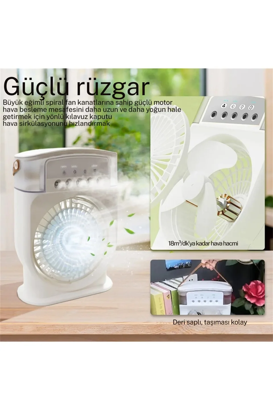 Şarjlı 600 ml Su Hazneli Taşınabilir Masaüstü Vanilatör Güçlü Fan ve 2000 mAh Pil Beyaz görsel 3