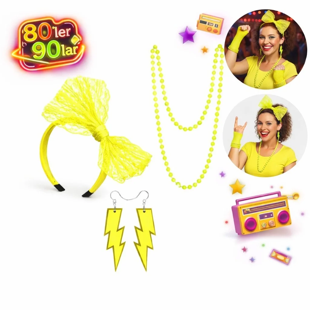 80’ler 90’lar Neon Sarı Parti Seti – Kolye Küpe Taç görsel 3