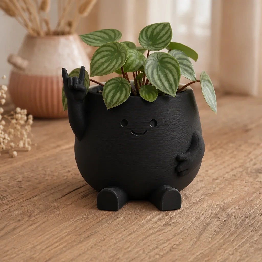 3D Baskı Smiley Face Planter - Gülümseyen Karakterli Saksı-Siyah