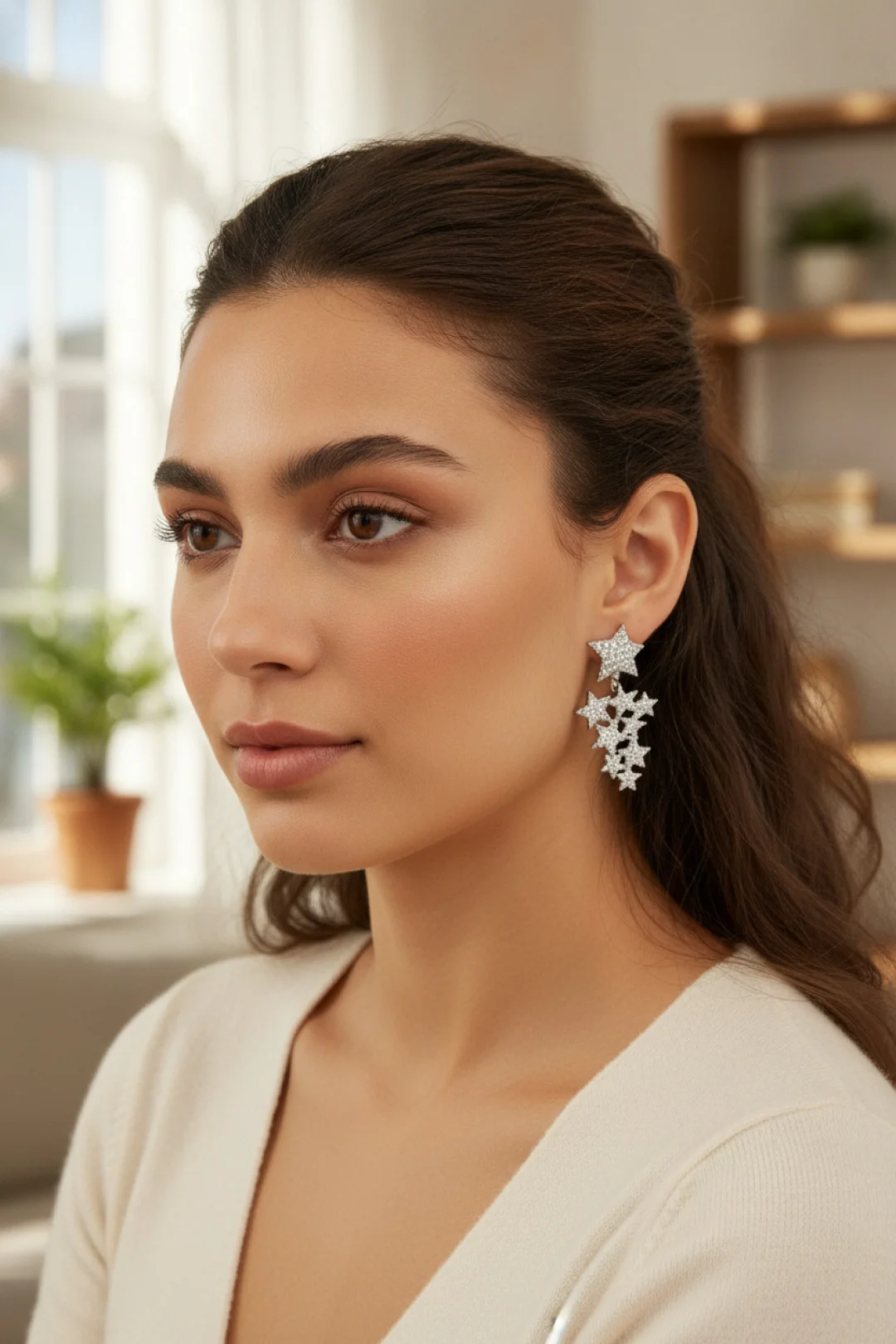 Yıldız Model Gümüş Renk Zirkon Taşlı Küpe görsel 2