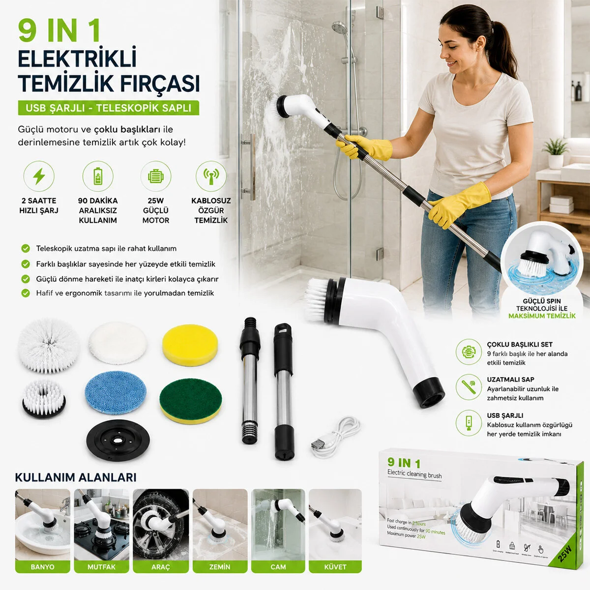 9IN1 25W - Kablosuz - Hızlı Şarj Elektrikli Şarjlı Tezlik Fırçası RZG-2026 görsel 2