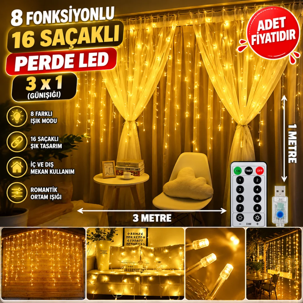 8 Fonksiyonlu 16 Saçaklı Perde Led 3 x 1 (Günışığı)