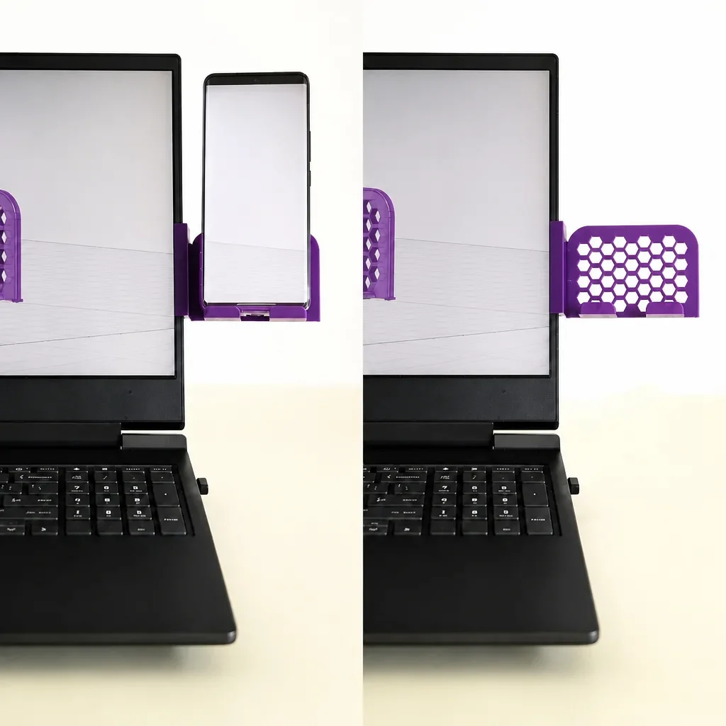 3D Baskı Monitor Telefon Tutucu - Petek Desenli Laptop Kenar Telefon Tutucu-Mor