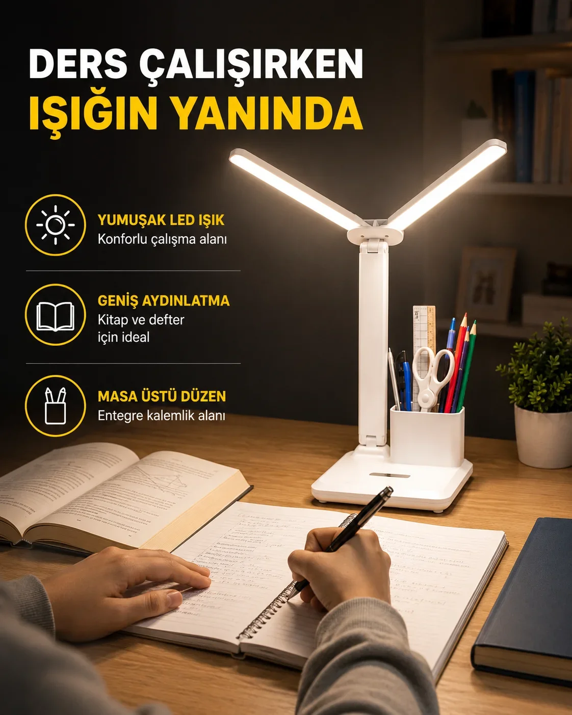 Kalemlik ve Telefon Standlı Masa Lambası – Kısılabilir LED Işık, Göz Dostu Tasarım Yeni Nesil