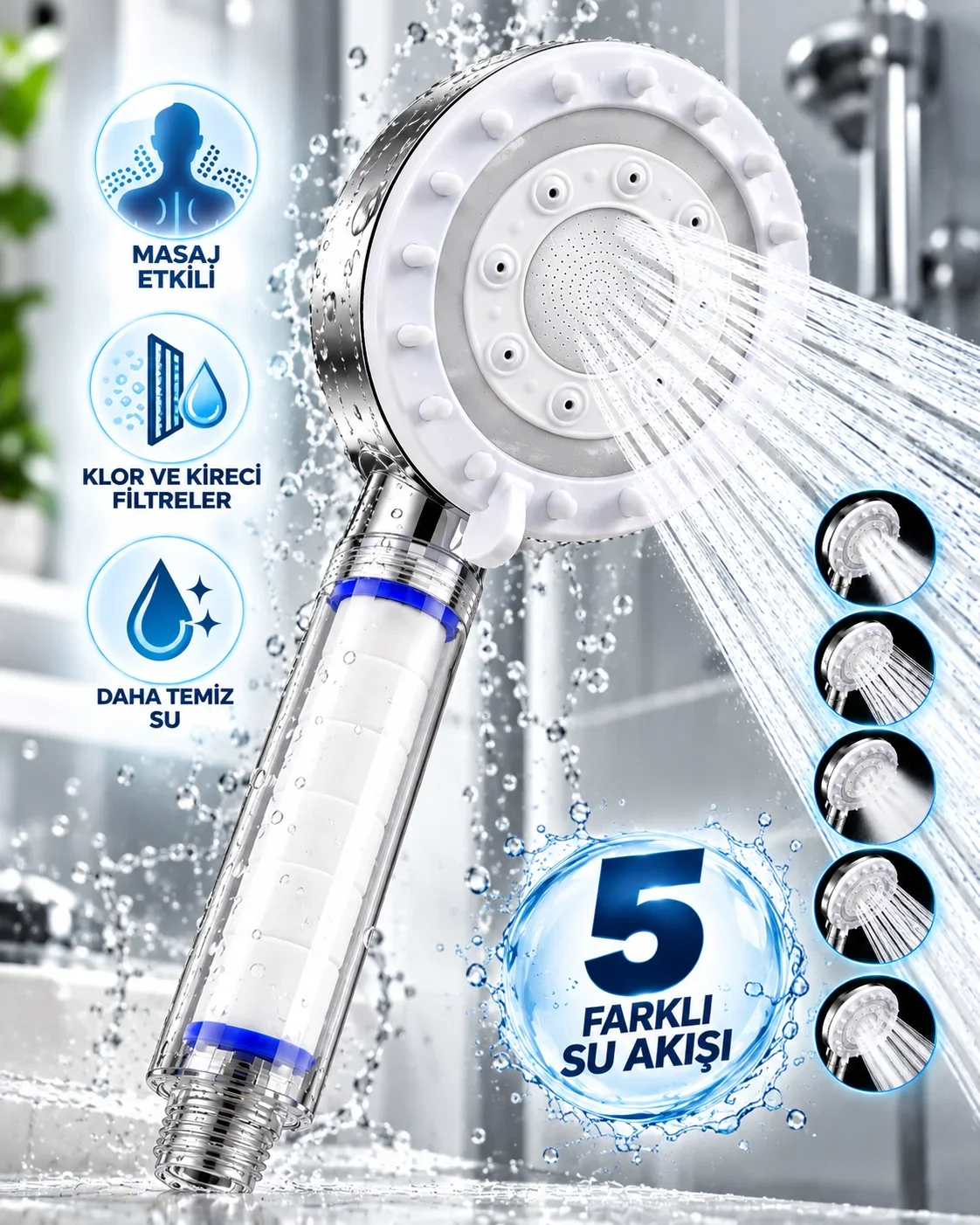 Klor ve Kireç Filtreli Duş Başlığı 5 Farklı Su Akışı Masaj Etkili Filtreli Duş Başlığı