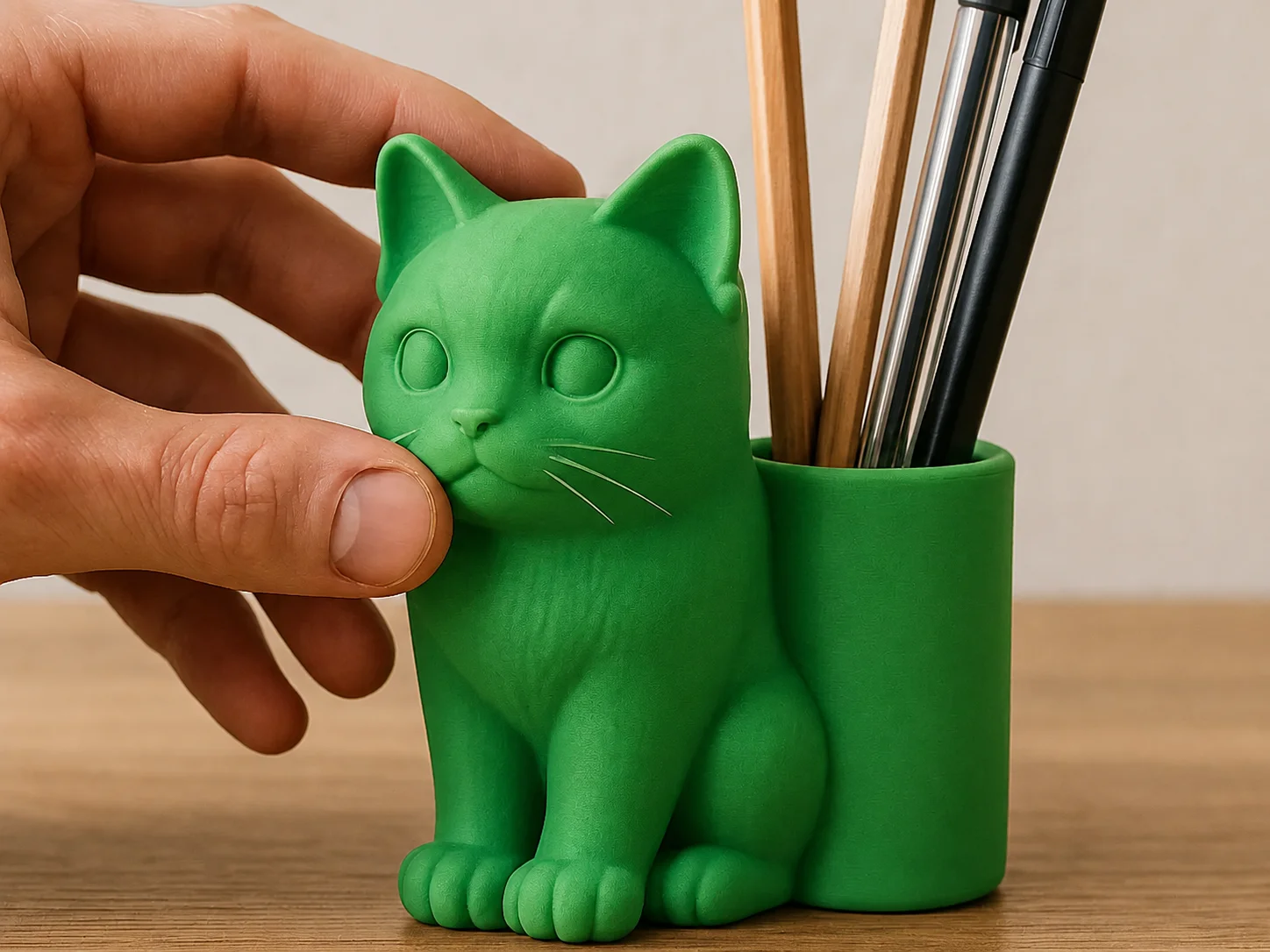 3D Baskı Kedi Figürlü Kalemlik - Masaüstü Organizer - Yeşil