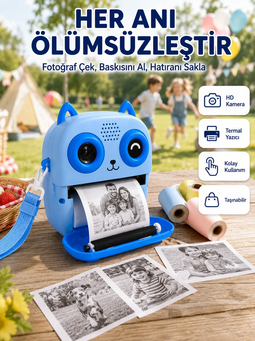 Çocuklar İçin Termal Baskılı Dijital Fotoğraf Makinesi Ön ve Arka Kameralı