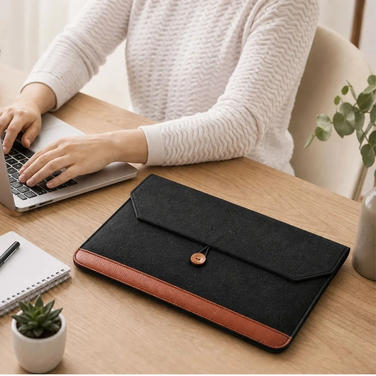 15.6 İnç Düğmeli Keçe Laptop ve Evrak Çantası, Notebook Bilgisayar ve Dosya Taşıma Çantası görsel 5