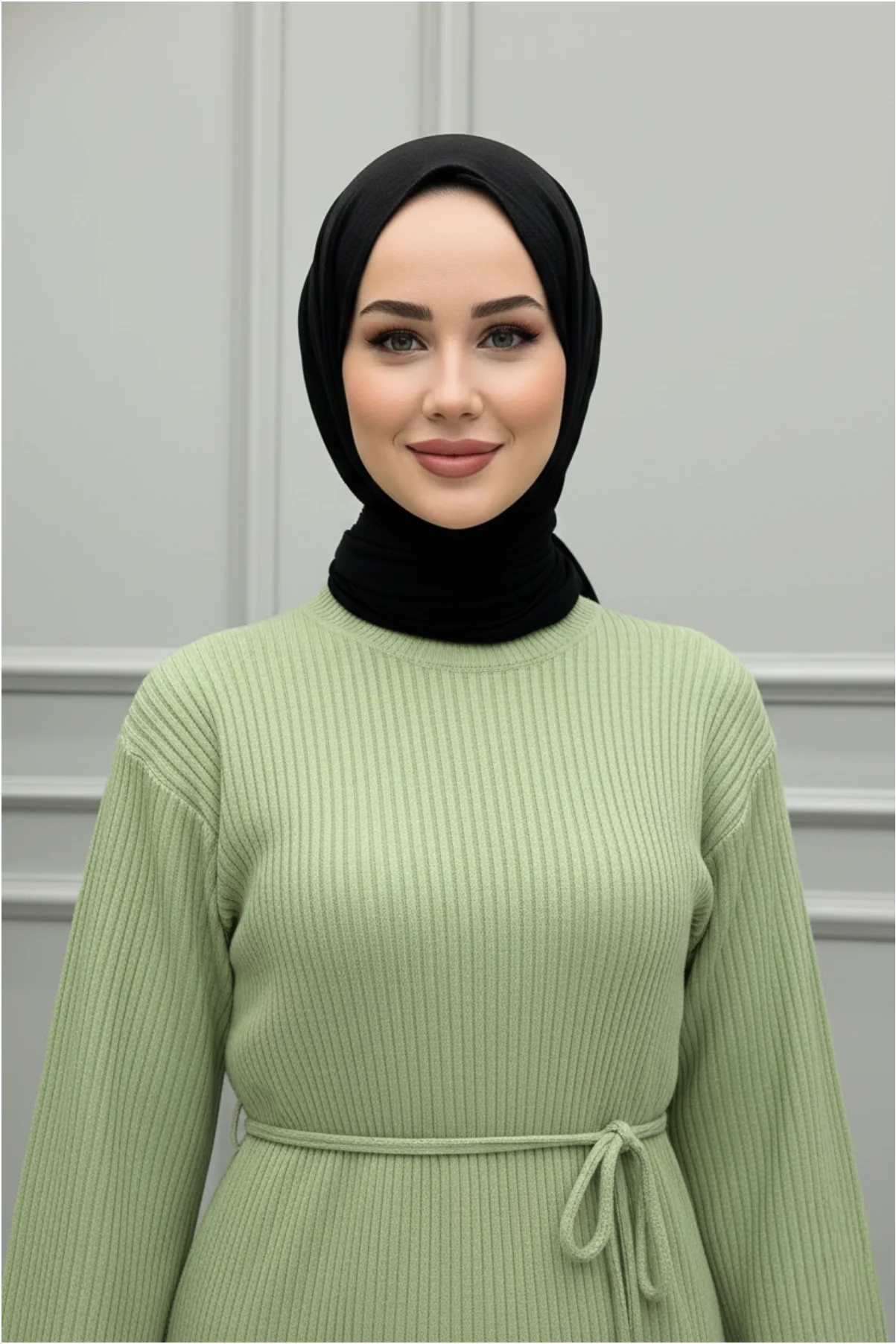 Kadın Şık Krem Ribı Fitilli Uzun Tesettürlü Kışlık Çan Kol Detaylı (Astarlı/Örme) Elbise görsel 5