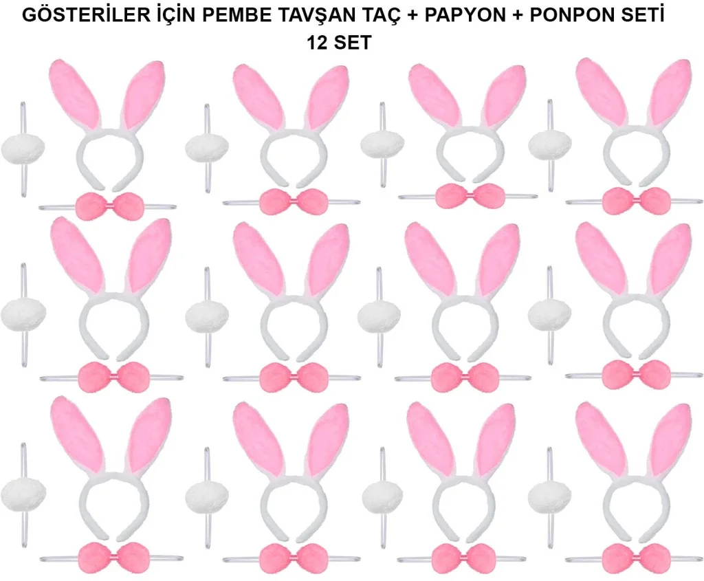 Pembe Tavşan Kostüm Seti – Taç, Papyon, Ponpon (12’li Paket) görsel 2