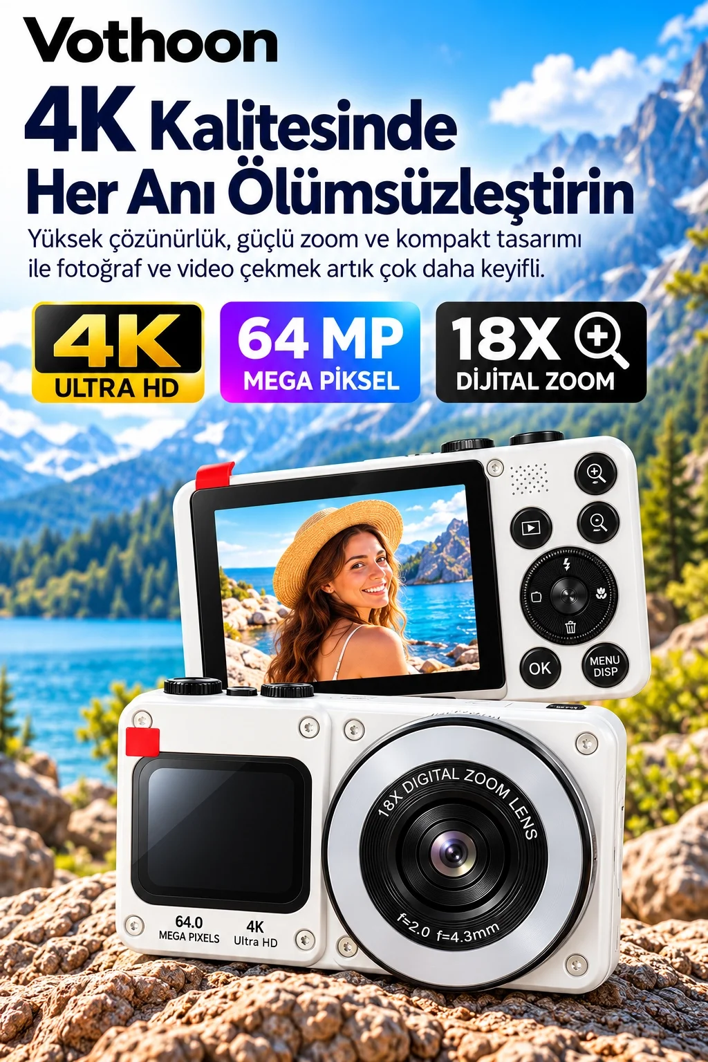 4K Dijital Fotoğraf Makinesi 18X Dijital Zoom 64 MP Ön ve Arka Ekranlı Kompakt Kamera Beyaz görsel 2