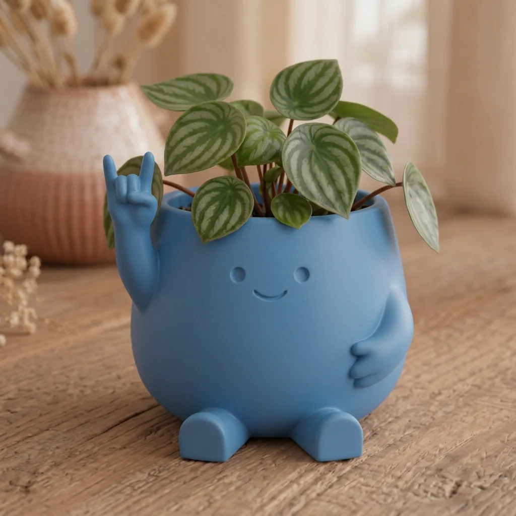 3D Baskı Smiley Face Planter - Gülümseyen Karakterli Saksı-Mavi