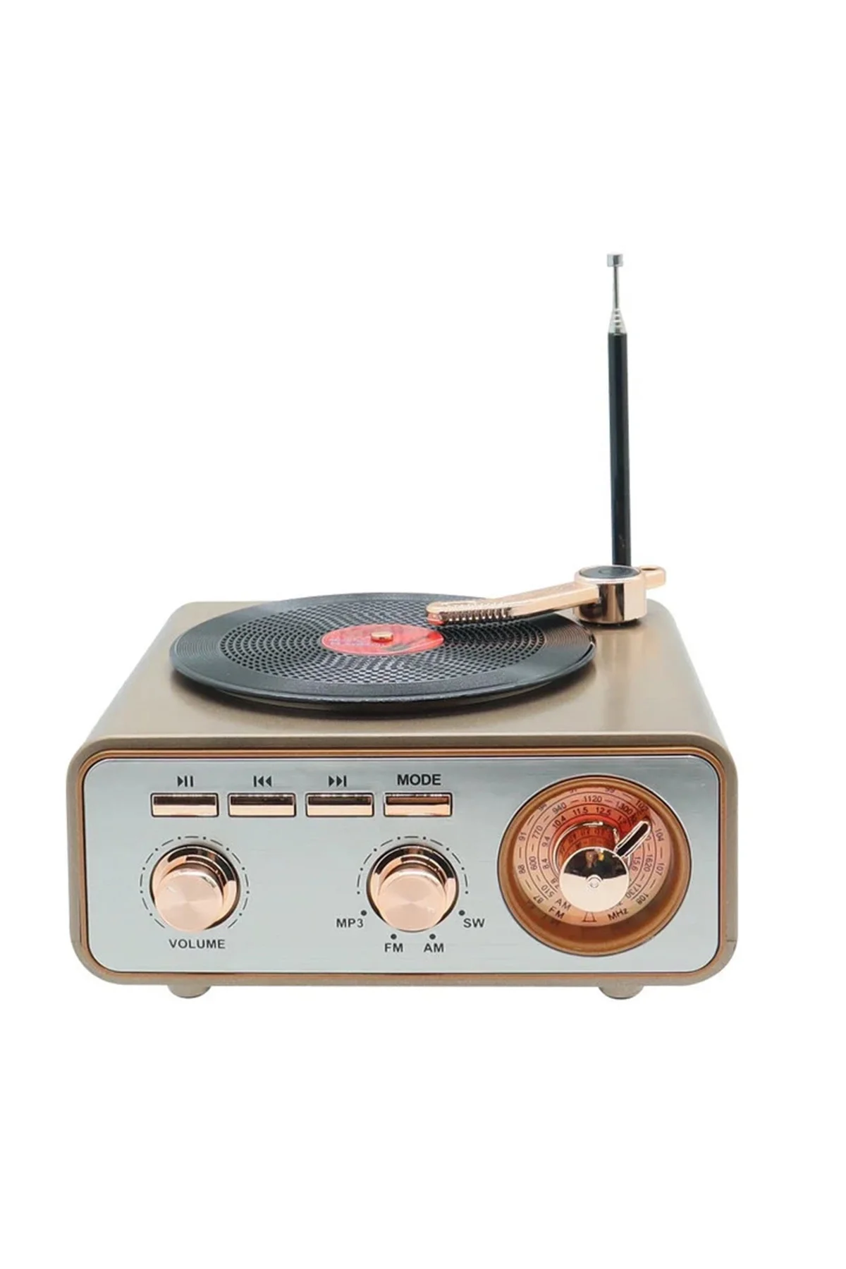Metalik Nostaljik Tasarım Plak Çalar Görünümlü Radyolu Bluetooth Hoparlör Retro Müzik Plak görsel 2
