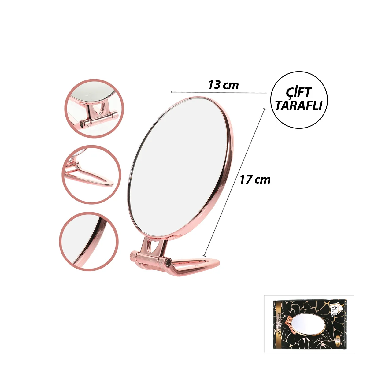 Oval Çift Taraflı Makyaj Aynası 16.5x13 cm Katlanır Ayaklı Bakır görsel 2