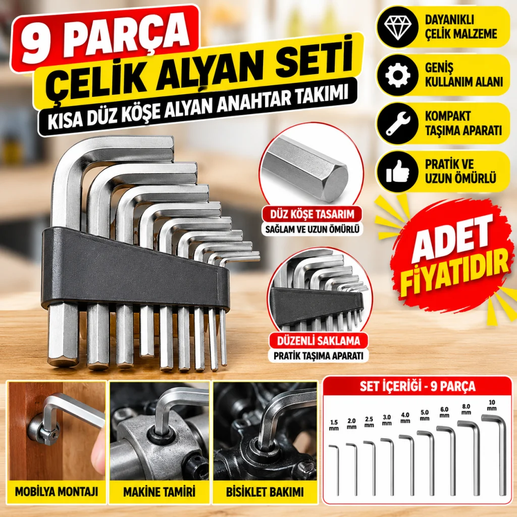 9 Parça Çelik Alyan Seti Kısa Düz Köşe Alyan Anahtar Takımı